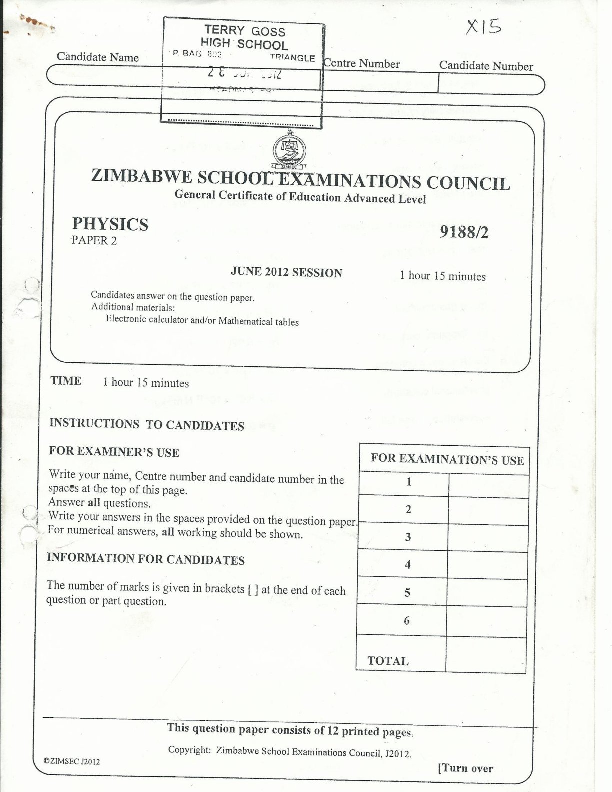 First page of ZIMSEC A-Level Physics Paper 2 June 2012 Question Paper