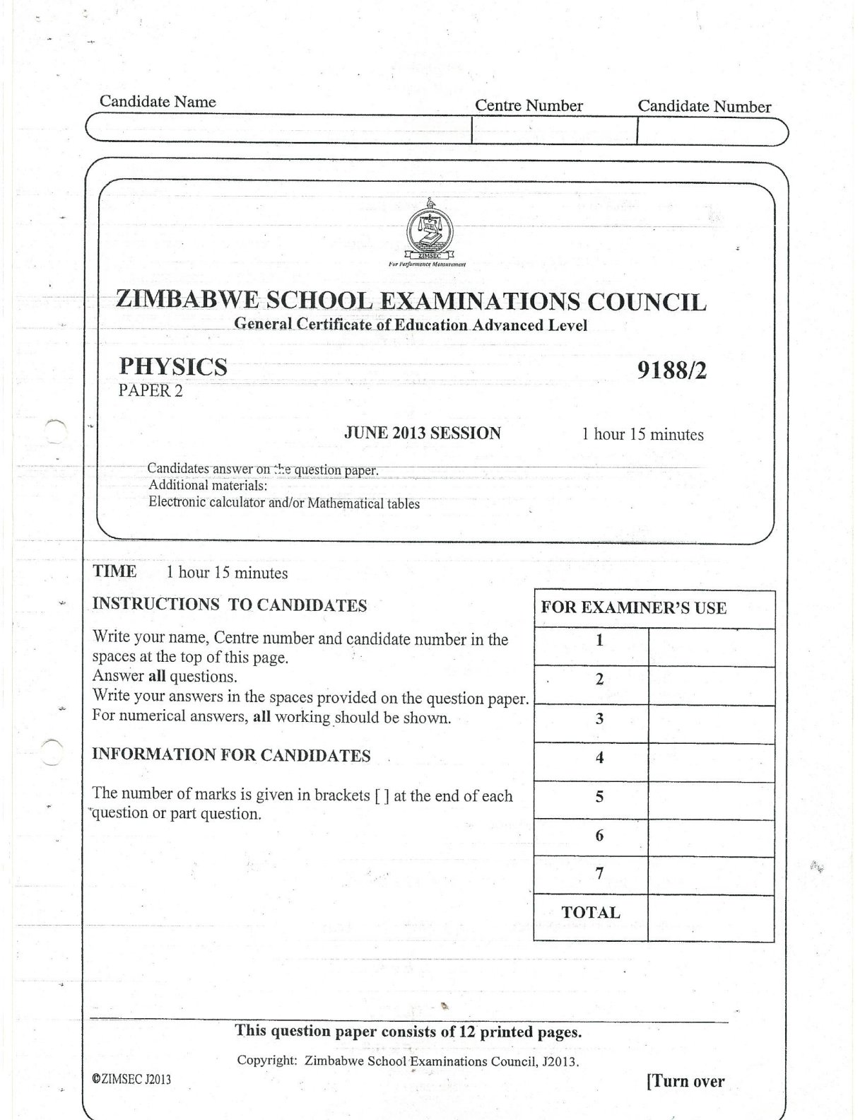 First page of ZIMSEC A-Level Physics Paper 2 June 2013 Question Paper