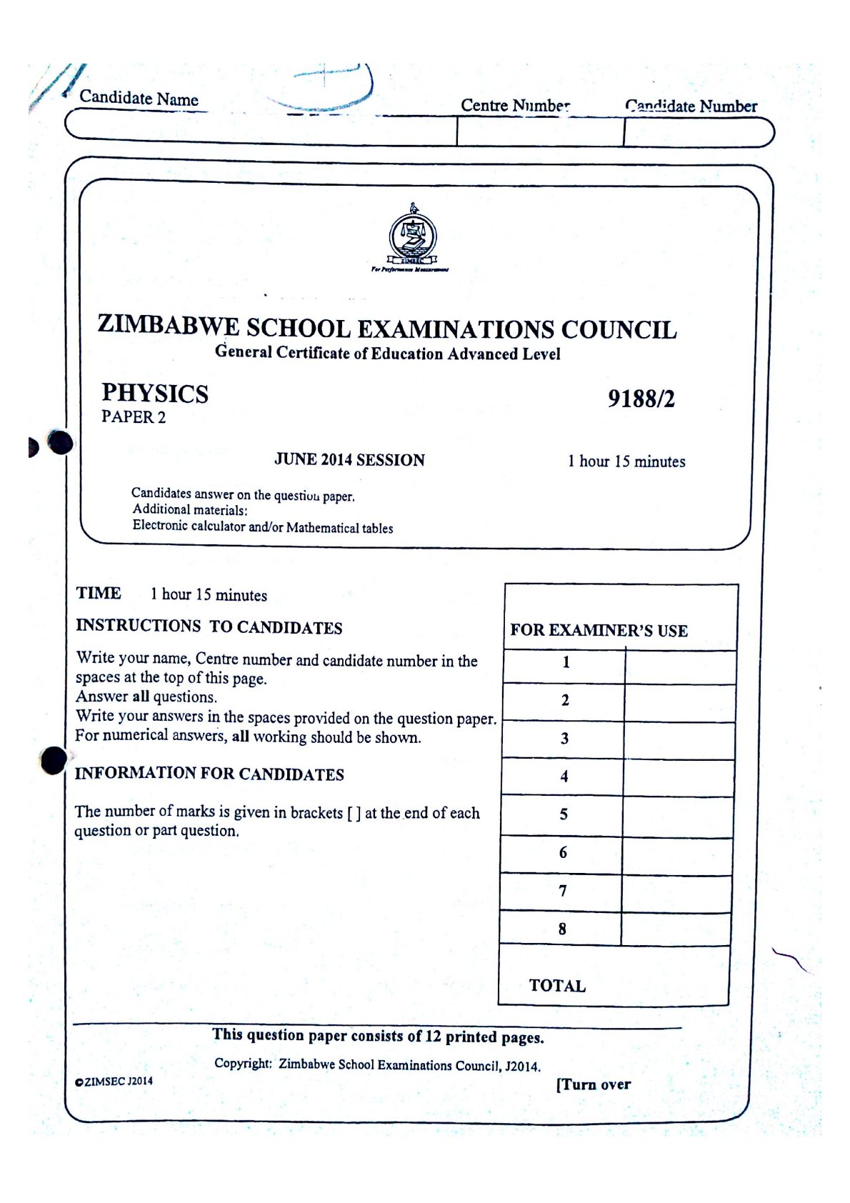First page of ZIMSEC A-Level Physics Paper 2 June 2014 Question Paper