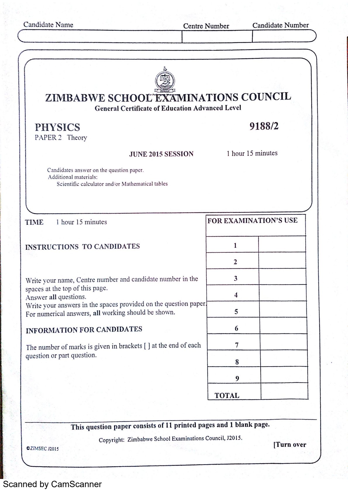 First page of ZIMSEC A-Level Physics Paper 2 June 2015 Question Paper