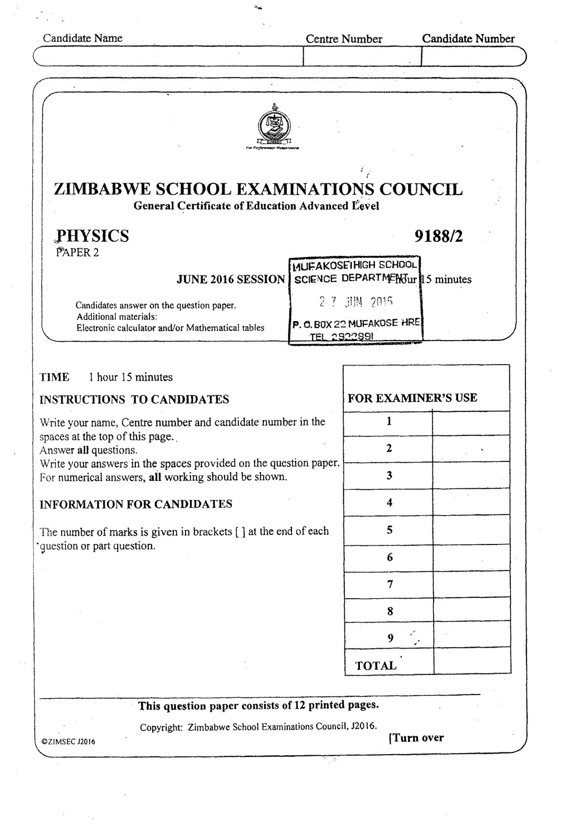 First page of ZIMSEC A-Level Physics Paper 2 June 2016 Question Paper