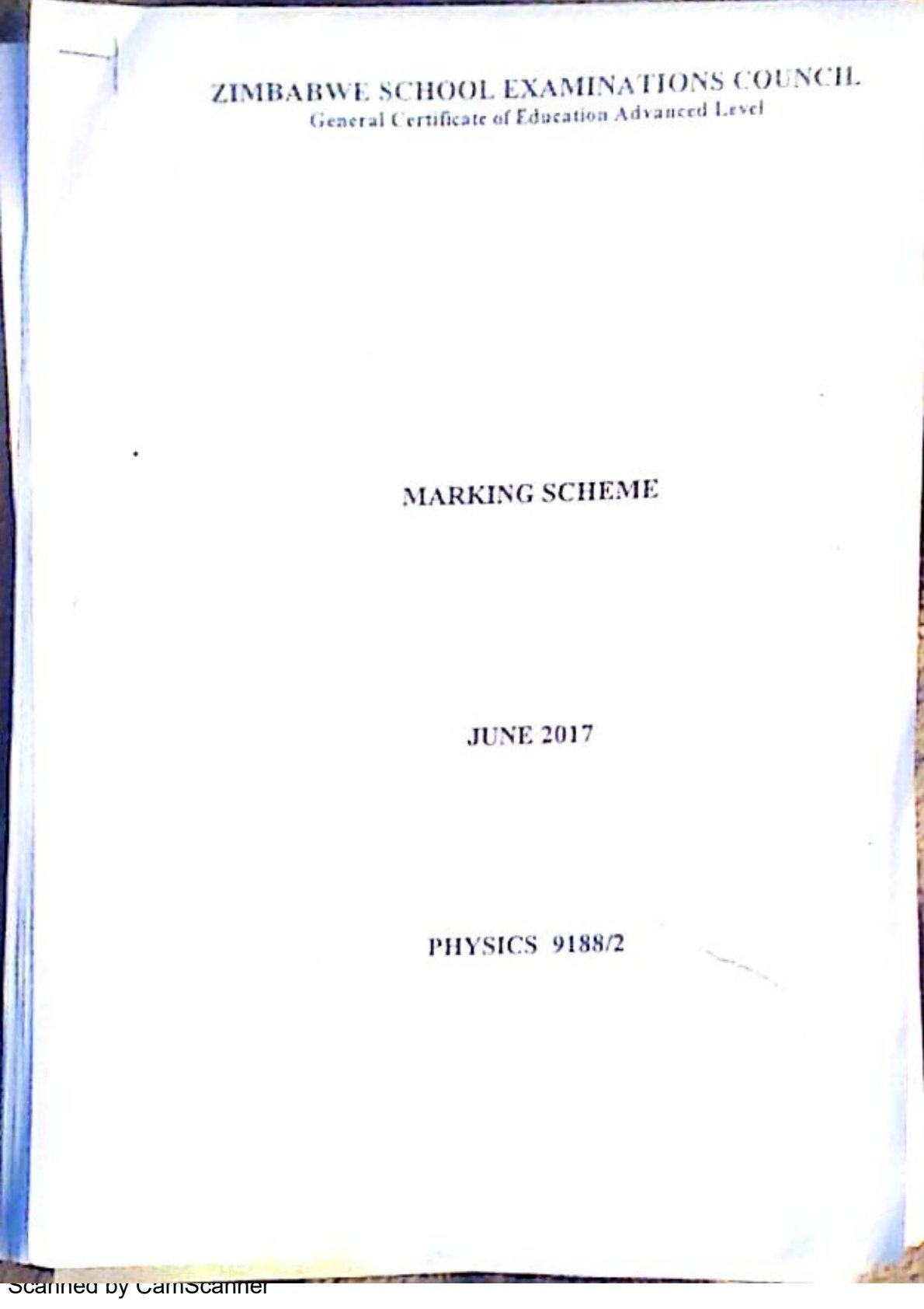 First page of ZIMSEC A-Level Physics Paper 2 June 2017 Marking Scheme