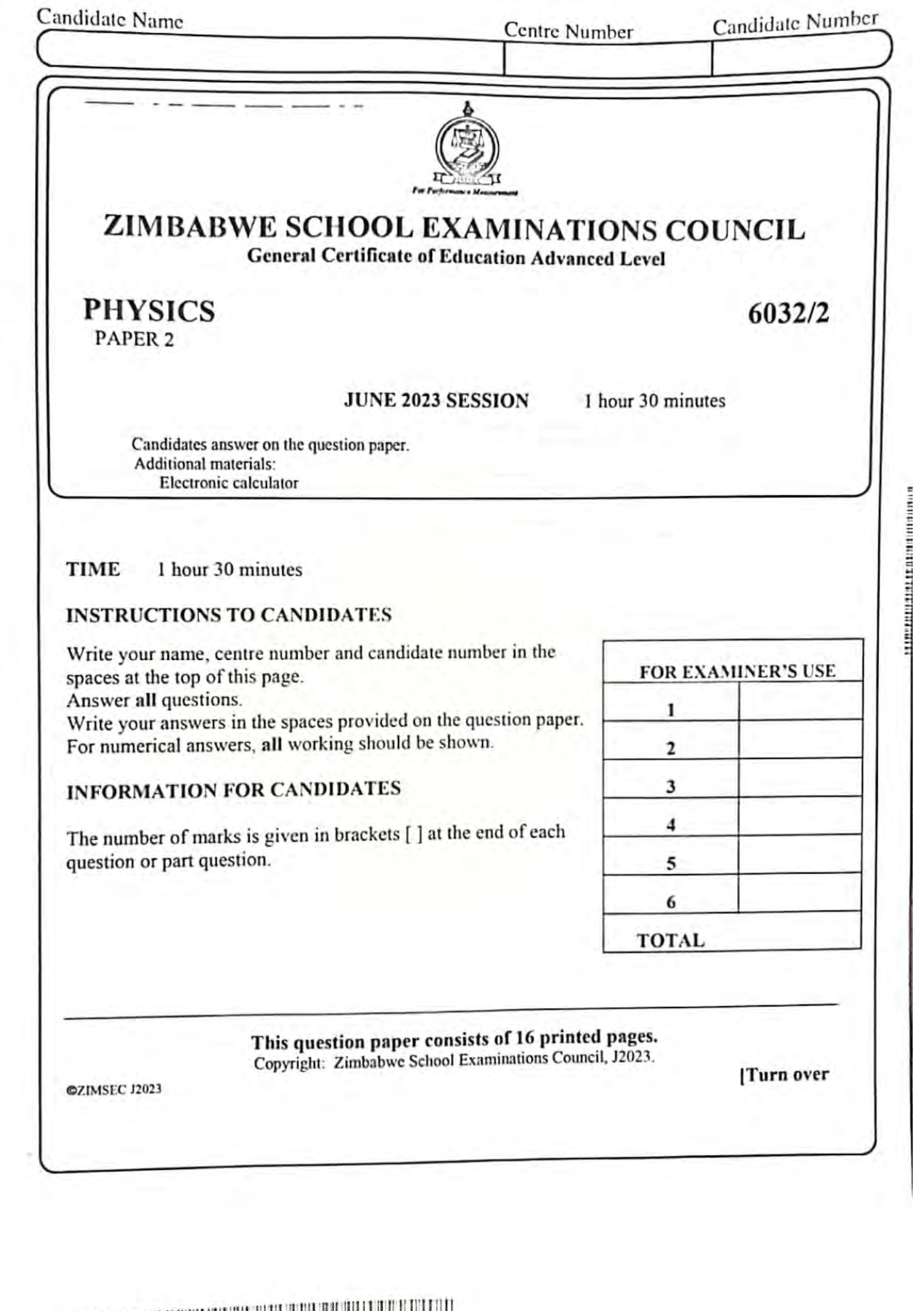 First page of ZIMSEC A-Level Physics Paper 2 June 2023 Question Paper