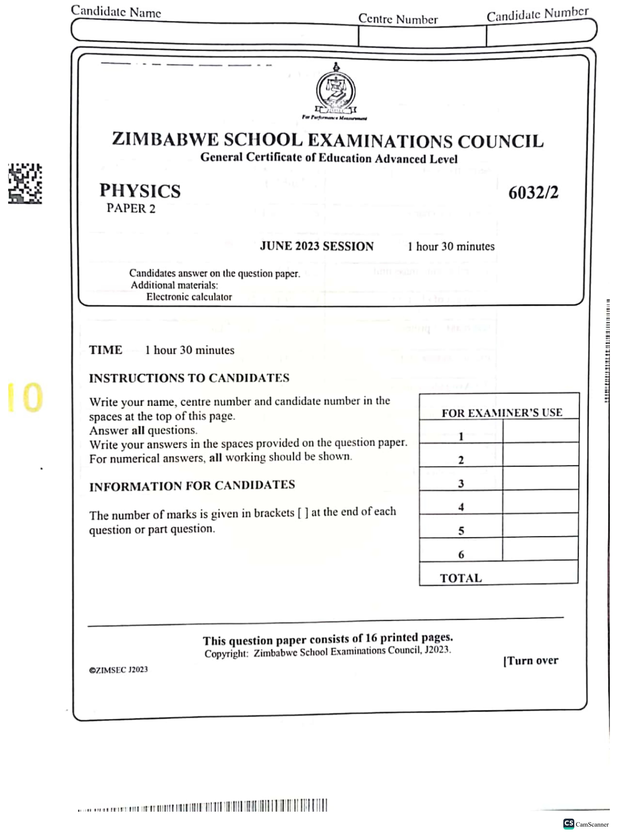 First page of ZIMSEC A-Level Physics Paper 2 June 2023 Question Paper
