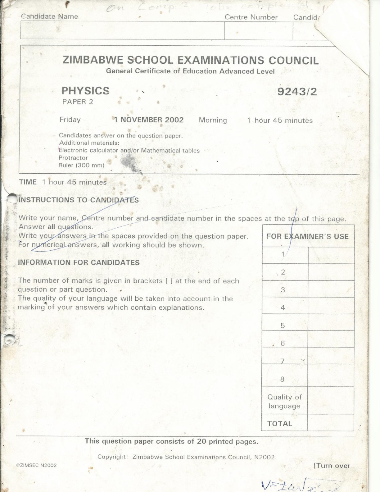 First page of ZIMSEC A-Level Physics Paper 2 November 2002 Question Paper
