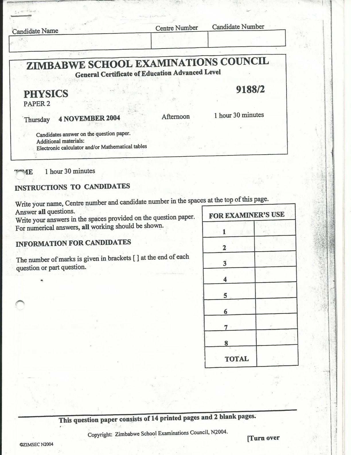 First page of ZIMSEC A-Level Physics Paper 2 November 2004 Question Paper