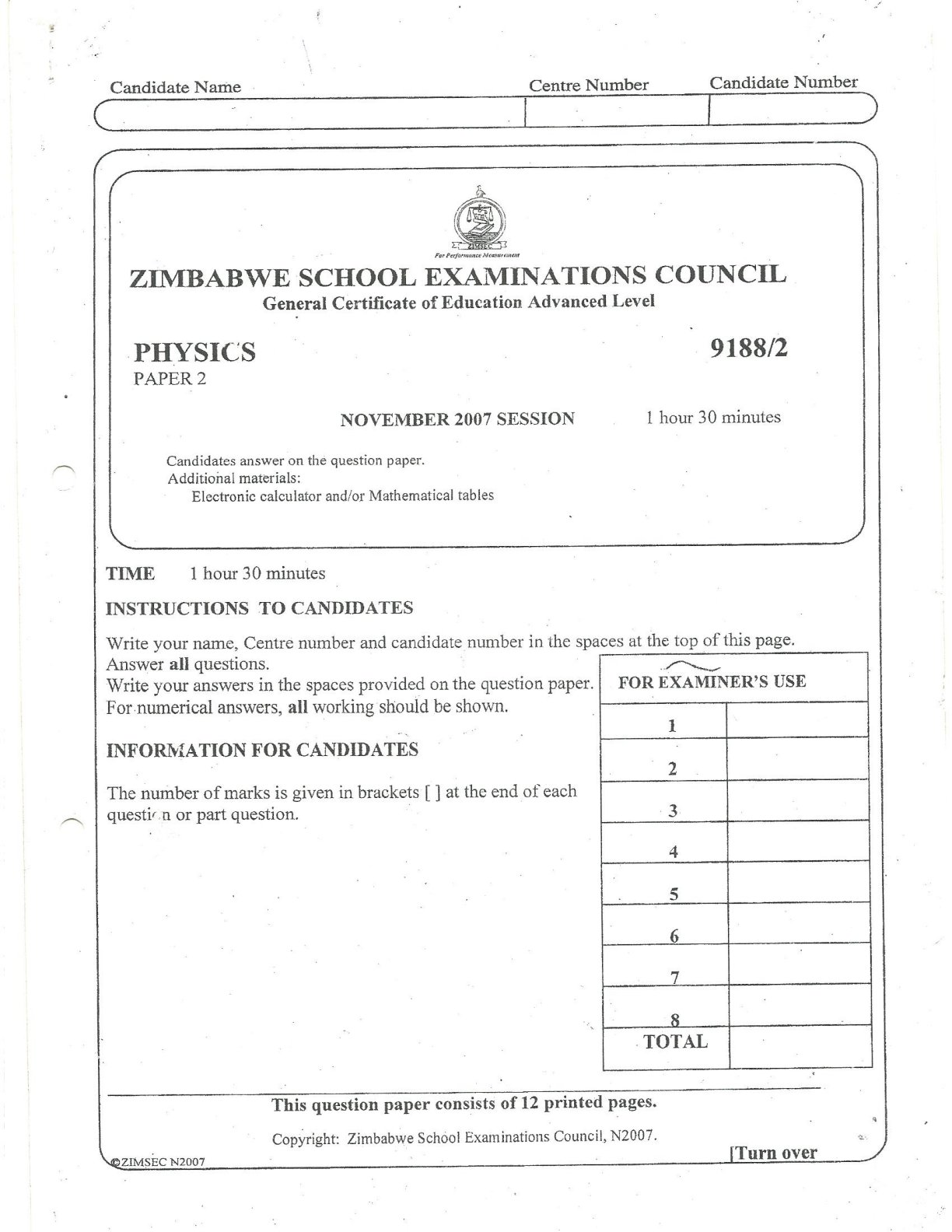 First page of ZIMSEC A-Level Physics Paper 2 November 2007 Question Paper