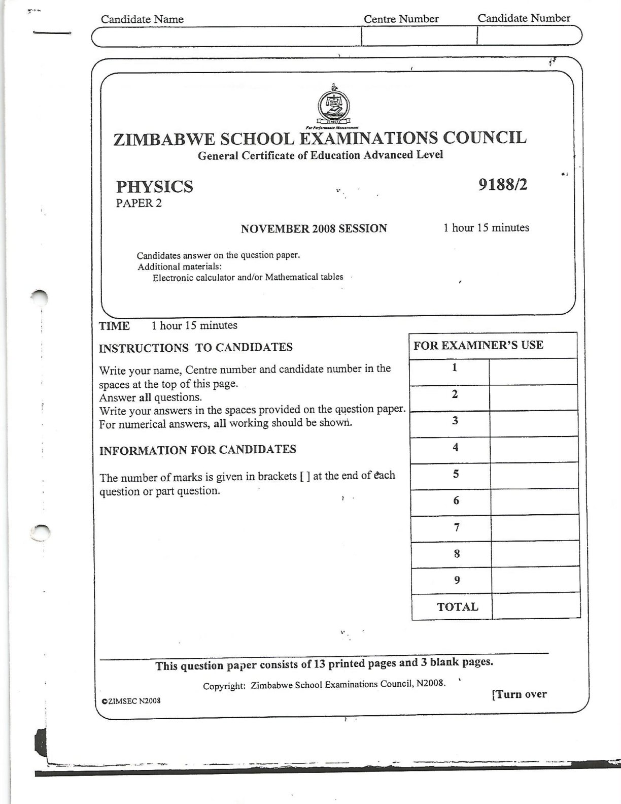 First page of ZIMSEC A-Level Physics Paper 2 November 2008 Question Paper