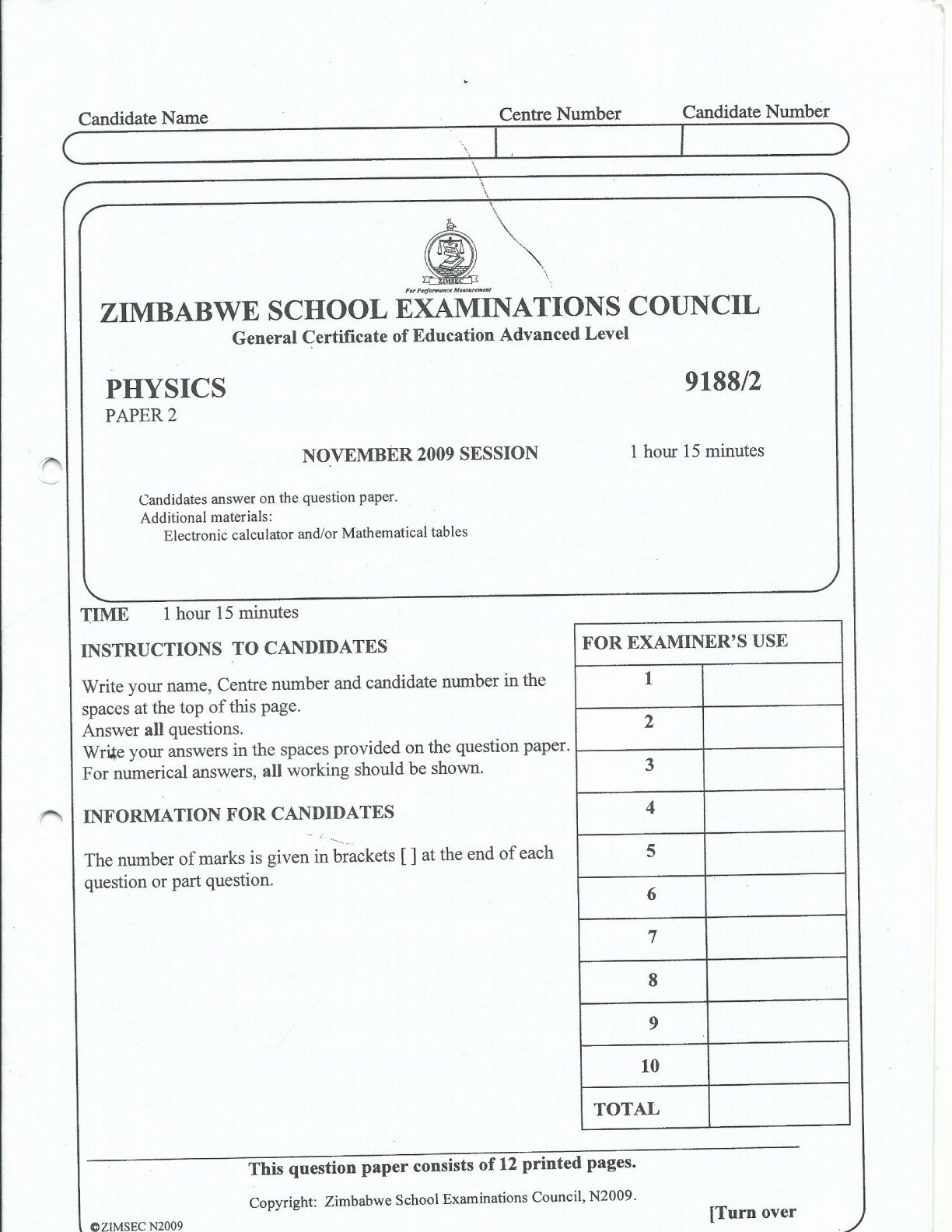 First page of ZIMSEC A-Level Physics Paper 2 November 2009 Question Paper