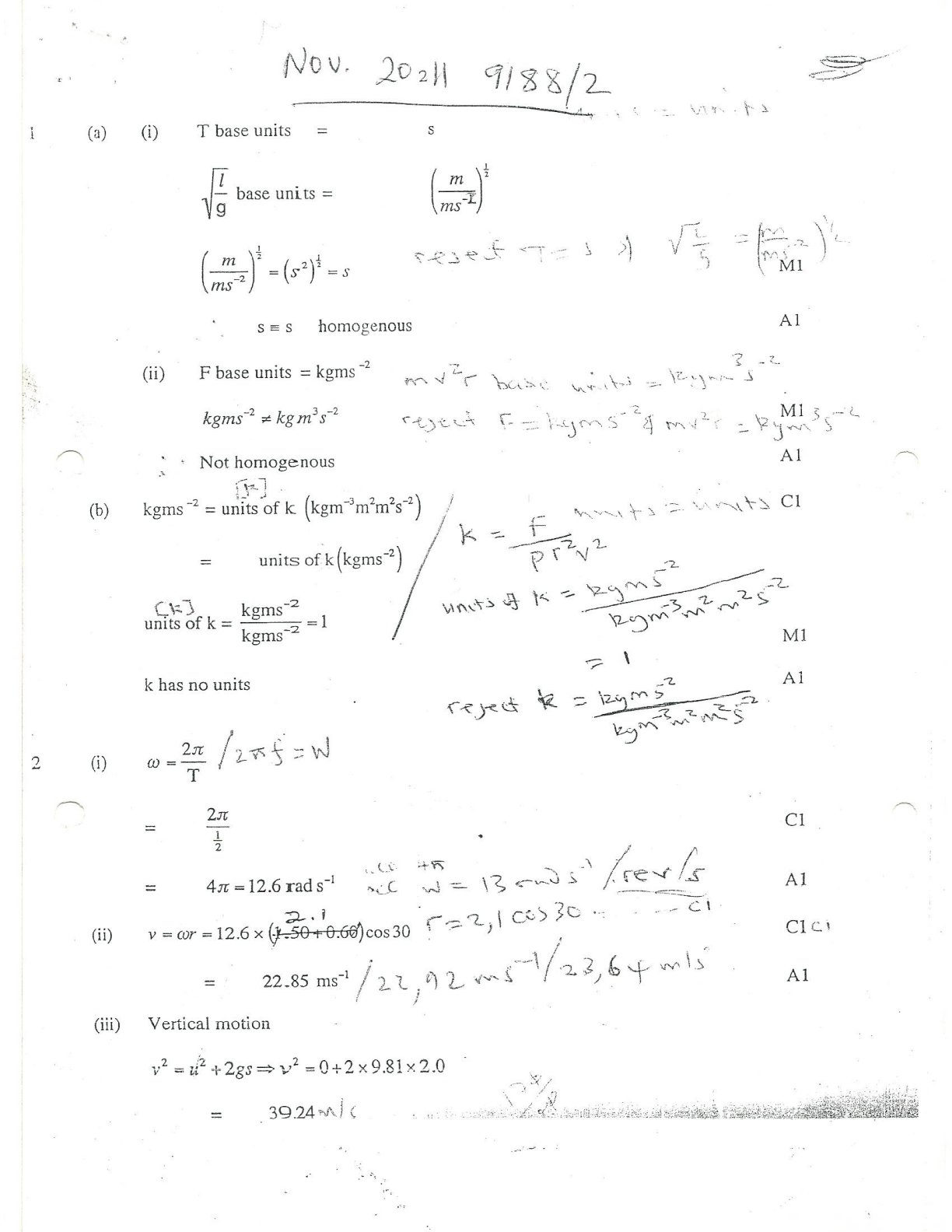 First page of ZIMSEC A-Level Physics Paper 2 November 2011 Marking Scheme