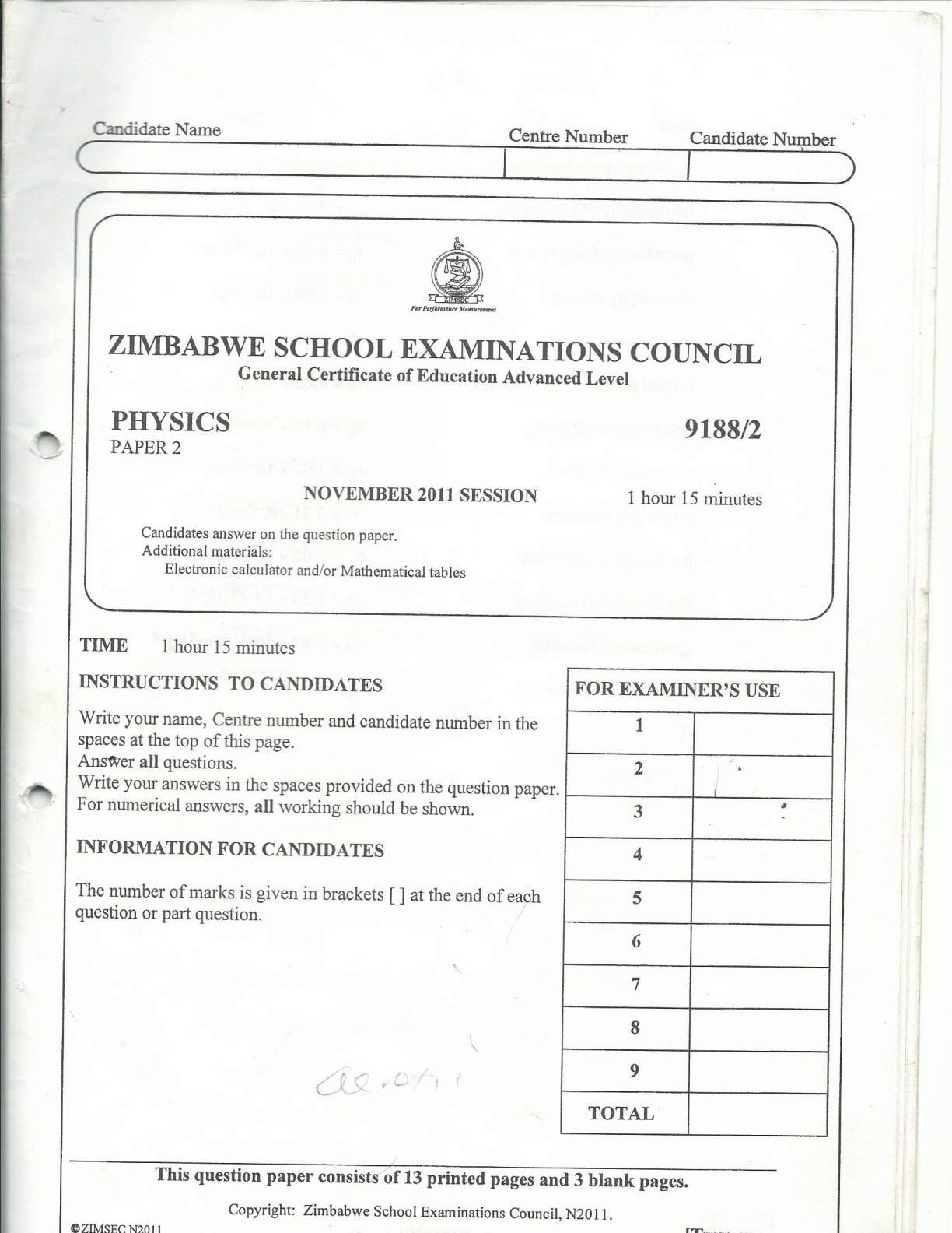 First page of ZIMSEC A-Level Physics Paper 2 November 2011 Question Paper
