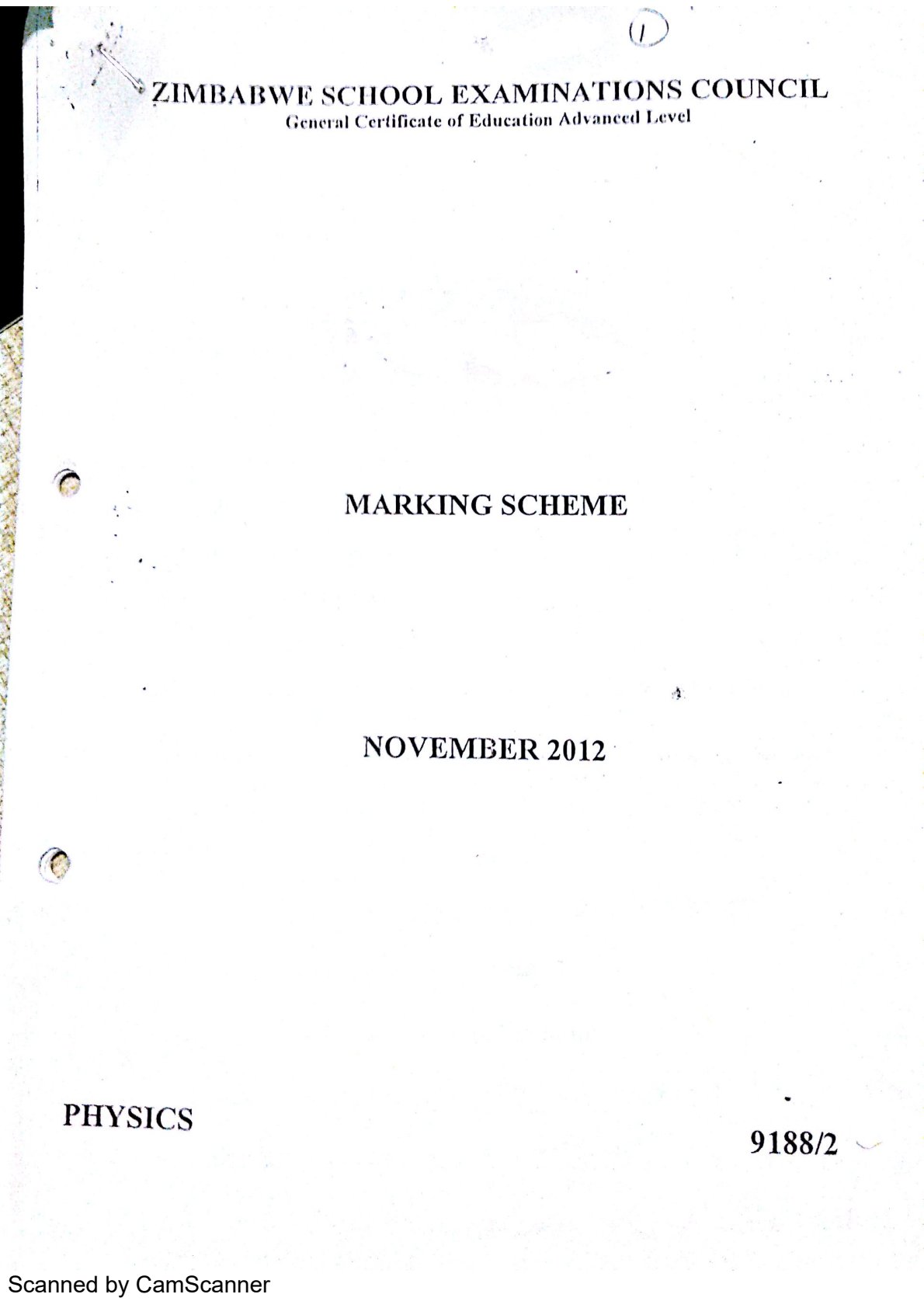 First page of ZIMSEC A-Level Physics Paper 2 November 2012 Marking Scheme