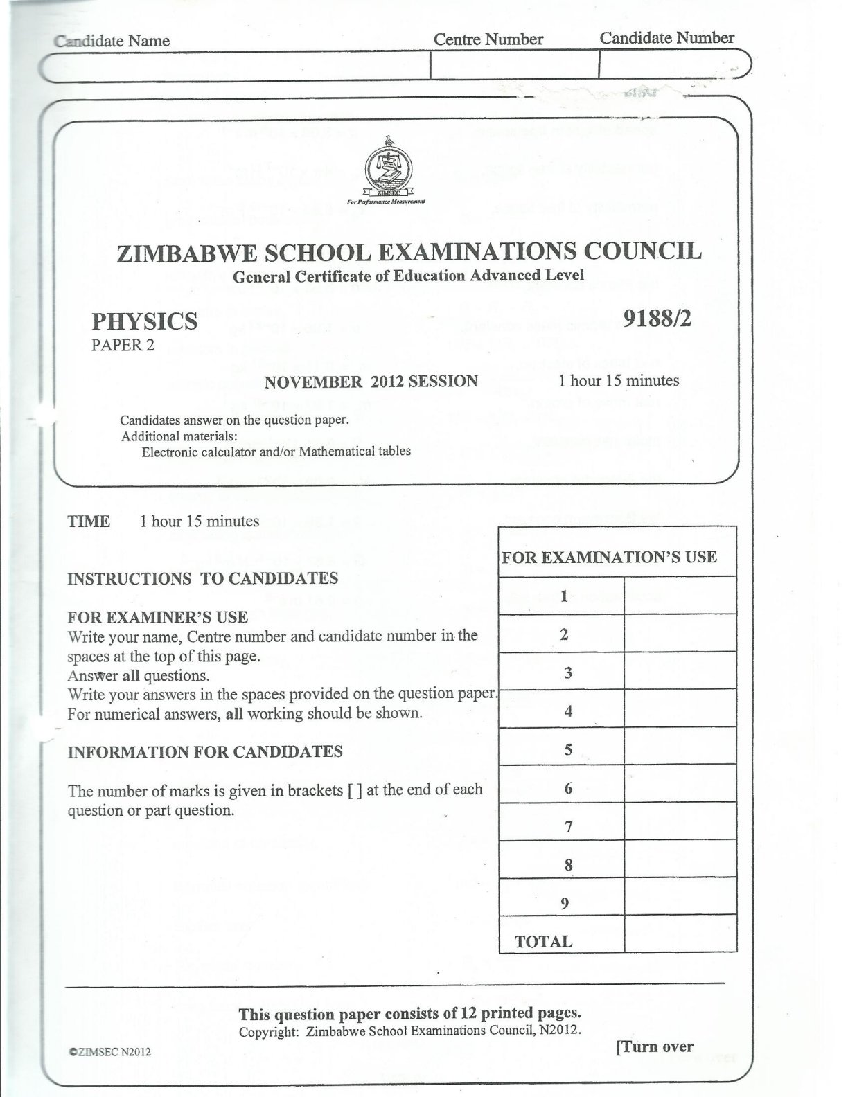 First page of ZIMSEC A-Level Physics Paper 2 November 2012 Question Paper
