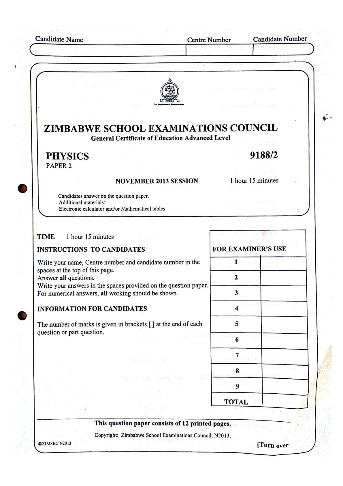 First page of ZIMSEC A-Level Physics Paper 2 November 2013 Question Paper