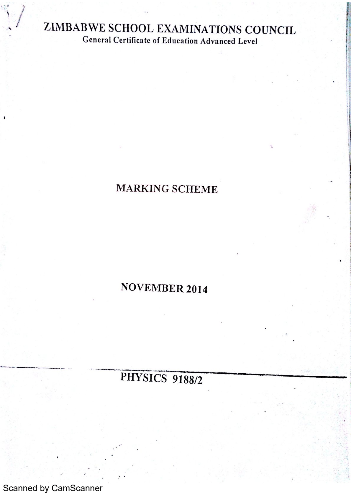 First page of ZIMSEC A-Level Physics Paper 2 November 2014 Marking Scheme