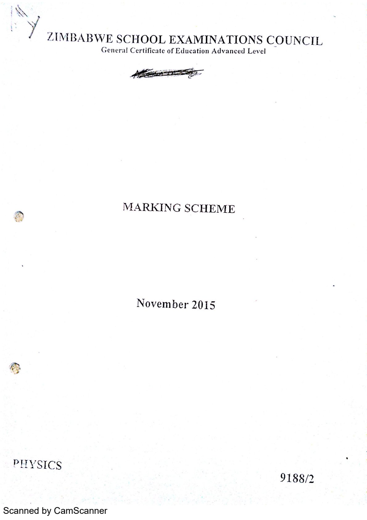 First page of ZIMSEC A-Level Physics Paper 2 November 2015 Marking Scheme