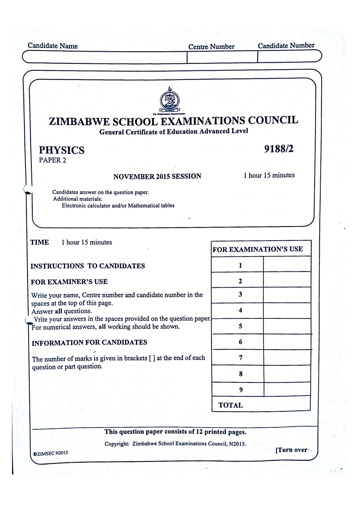 First page of ZIMSEC A-Level Physics Paper 2 November 2015 Question Paper