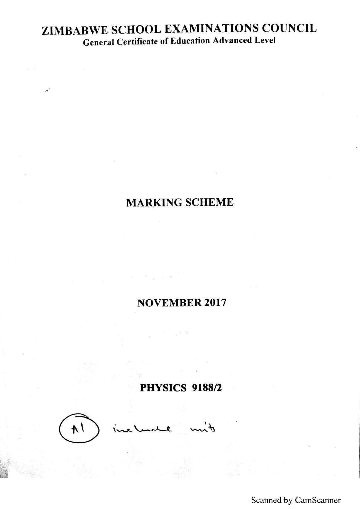 First page of ZIMSEC A-Level Physics Paper 2 November 2017 Marking Scheme