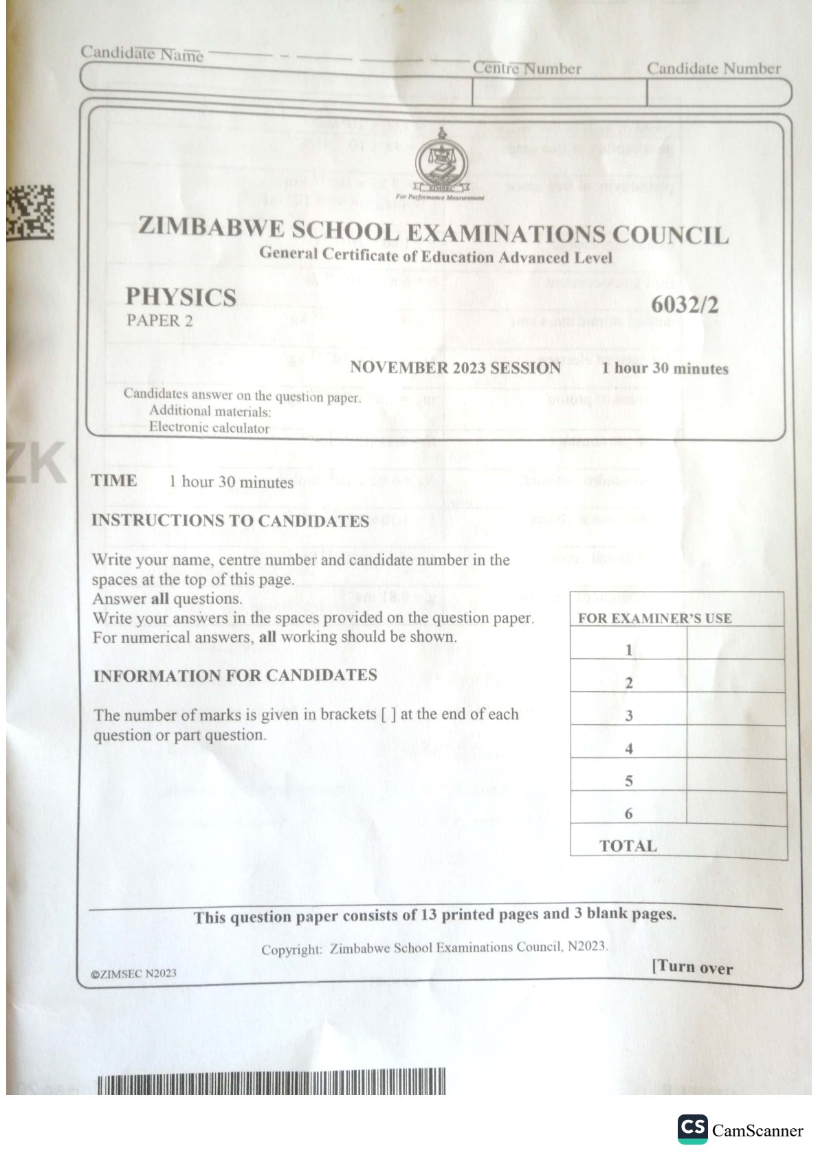 First page of ZIMSEC A-Level Physics Paper 2 November 2023 Question Paper
