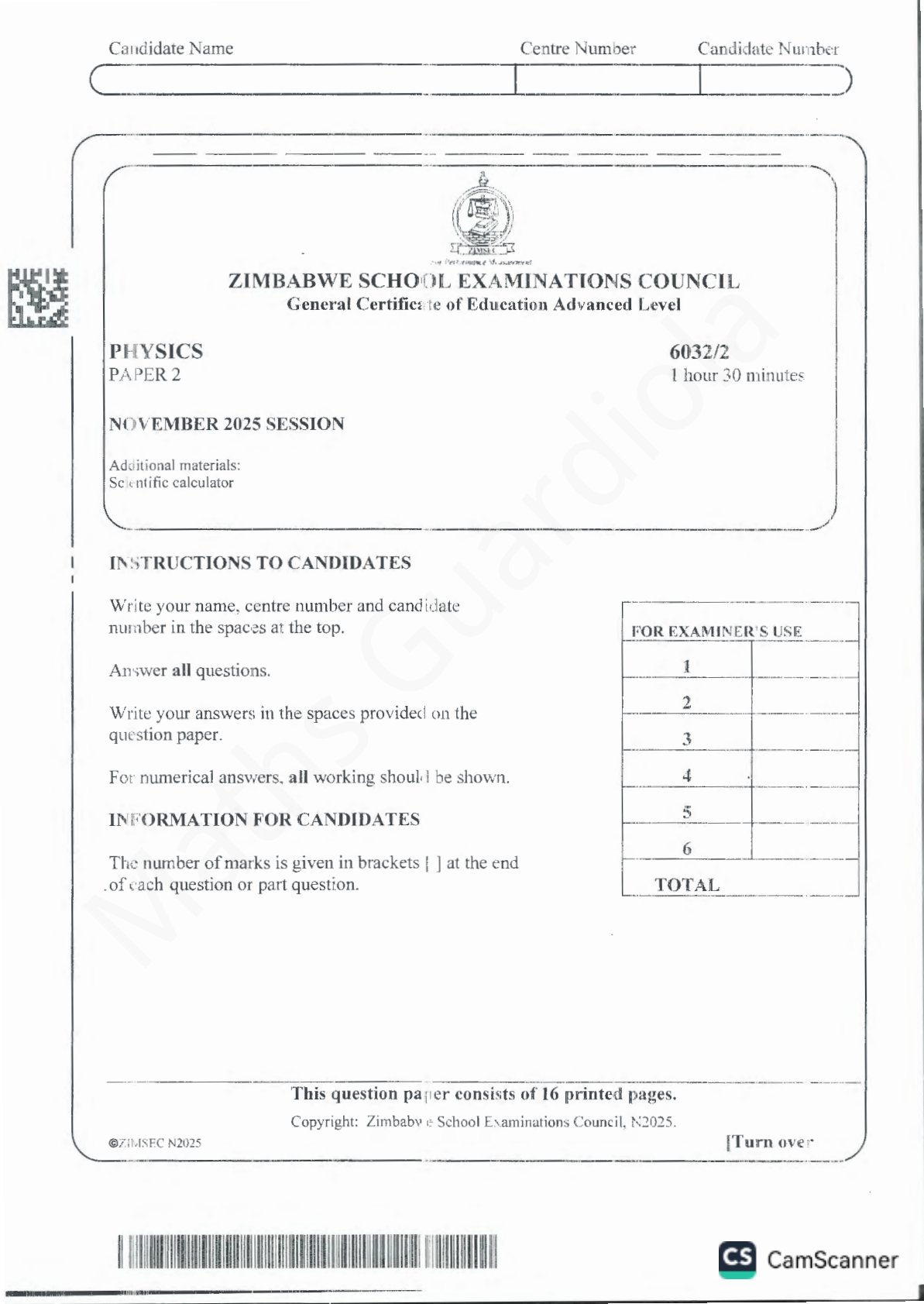First page of ZIMSEC A-Level Physics Paper 2 November 2025 Question Paper