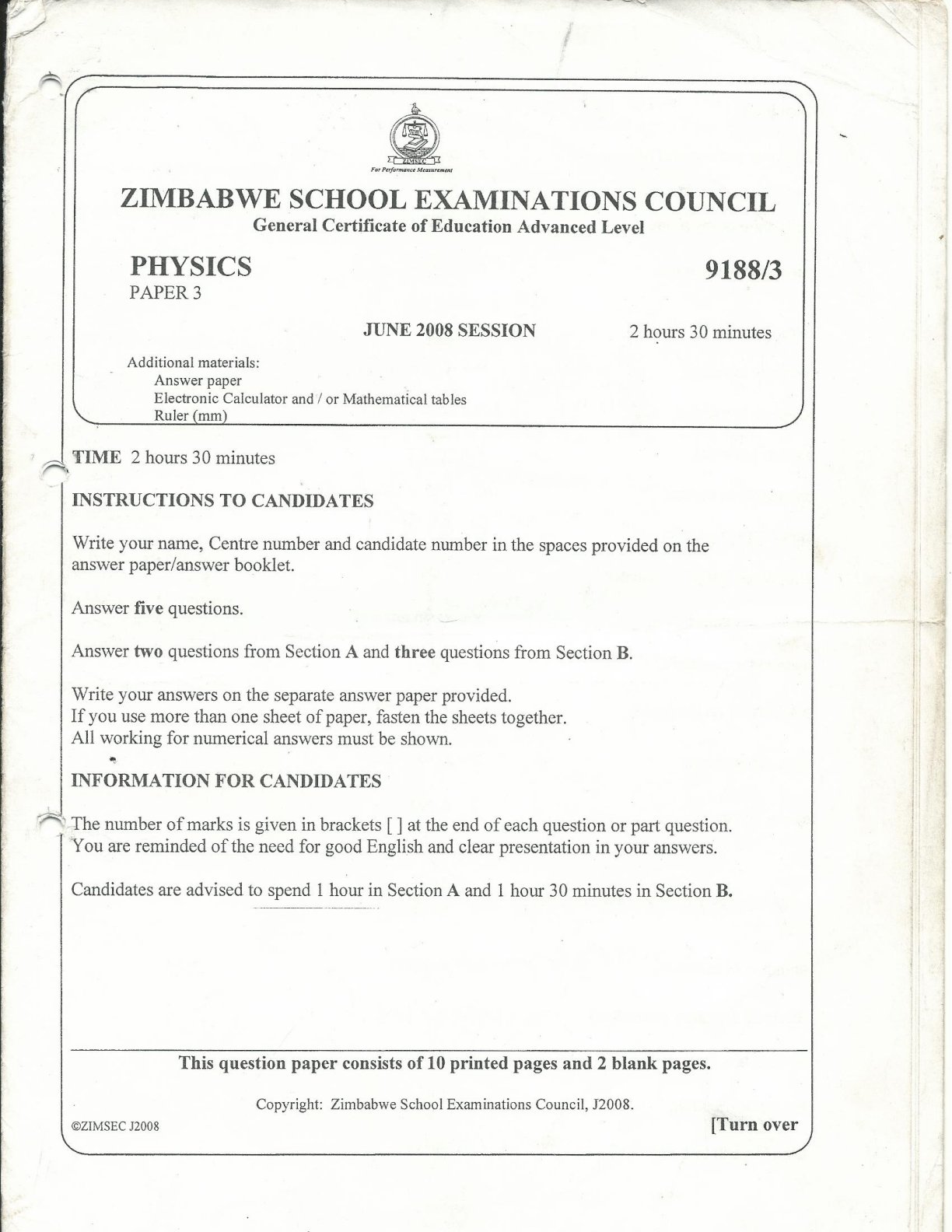 First page of ZIMSEC A-Level Physics Paper 3 June 2008 Question Paper