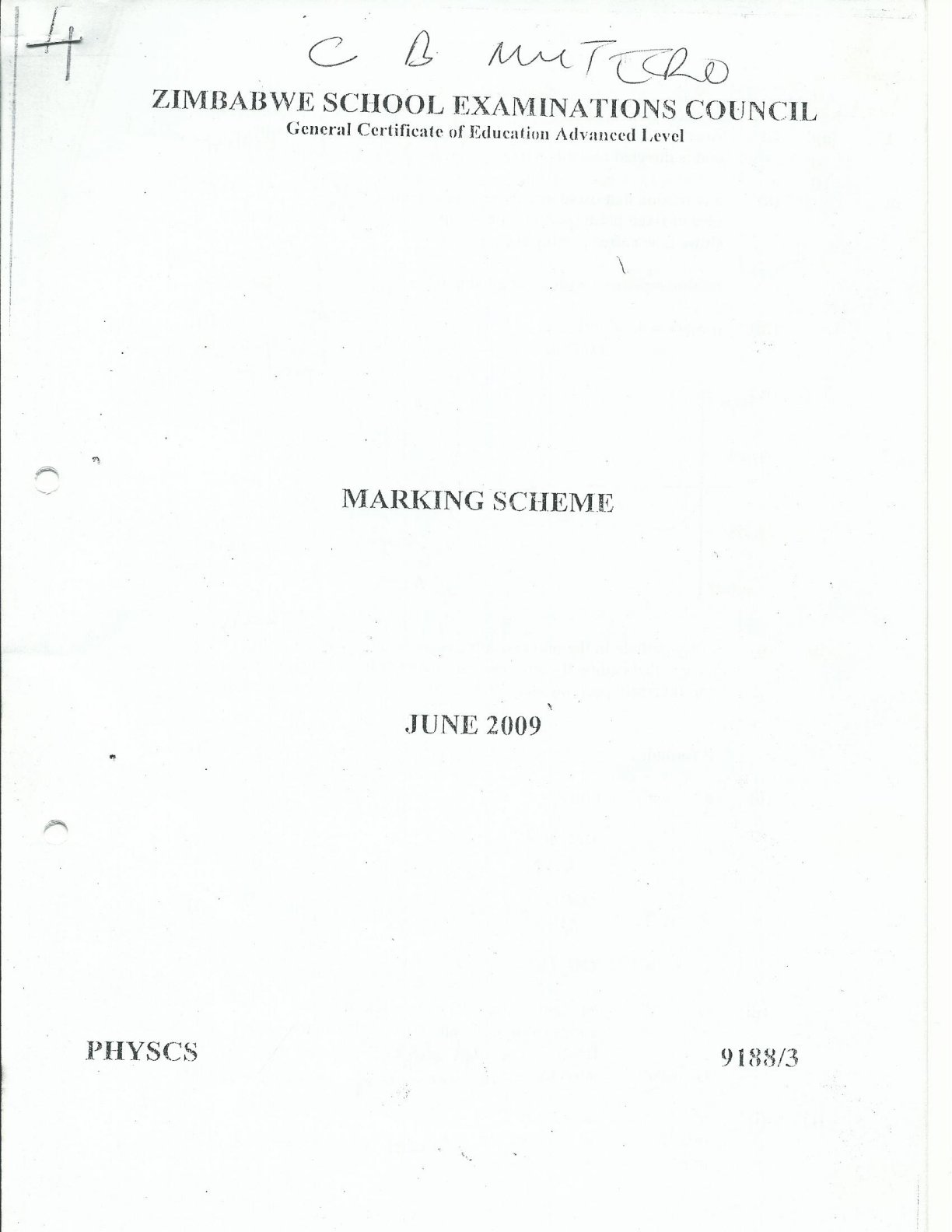 First page of ZIMSEC A-Level Physics Paper 3 June 2009 Marking Scheme