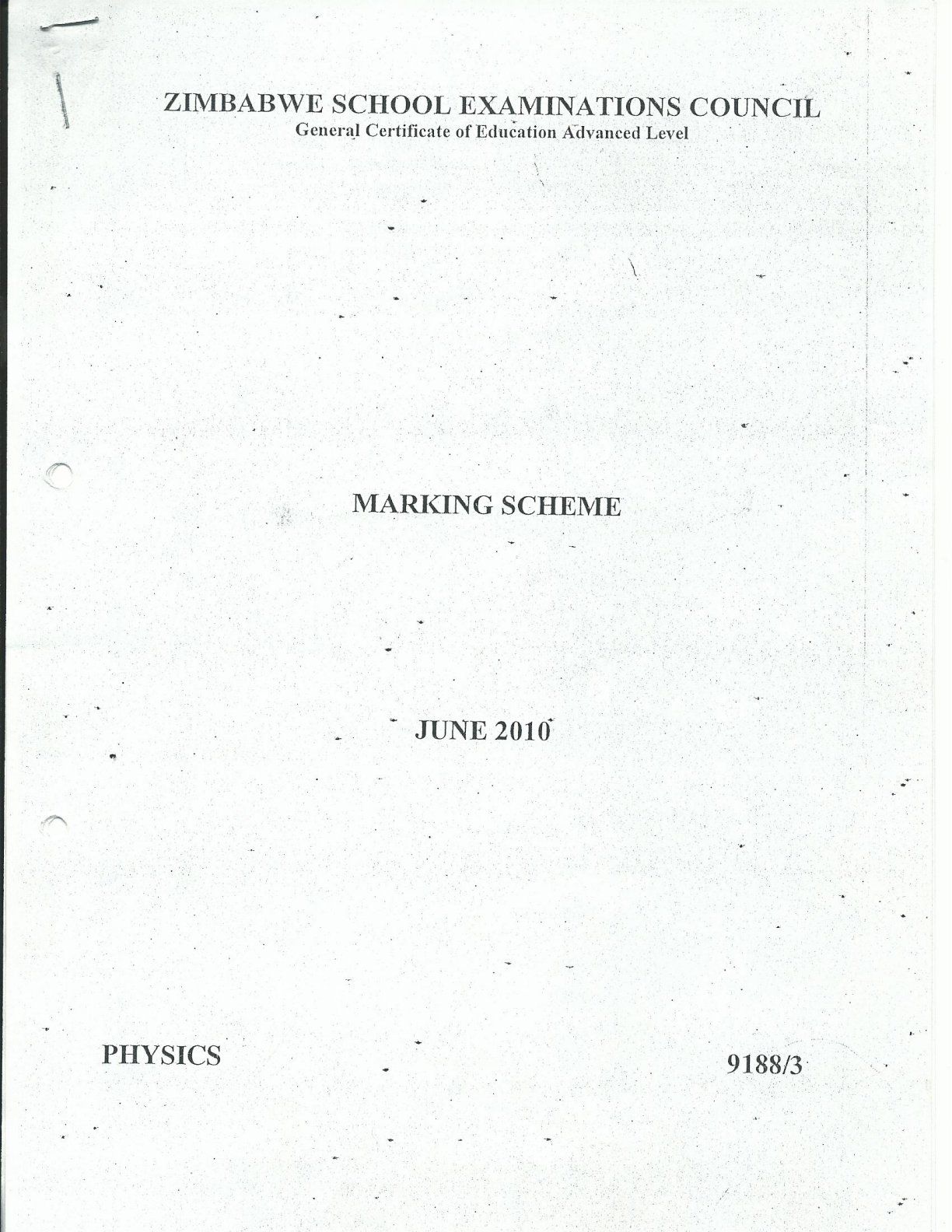 First page of ZIMSEC A-Level Physics Paper 3 June 2010 Marking Scheme