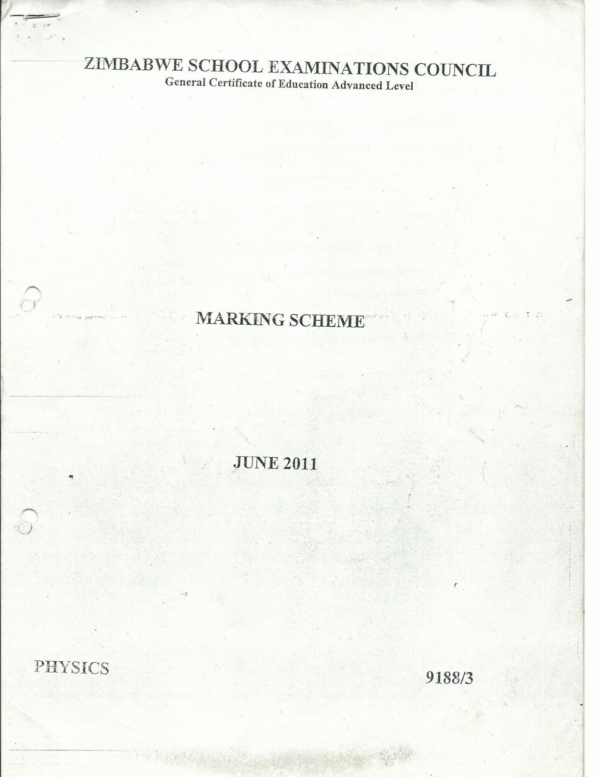 First page of ZIMSEC A-Level Physics Paper 3 June 2011 Marking Scheme