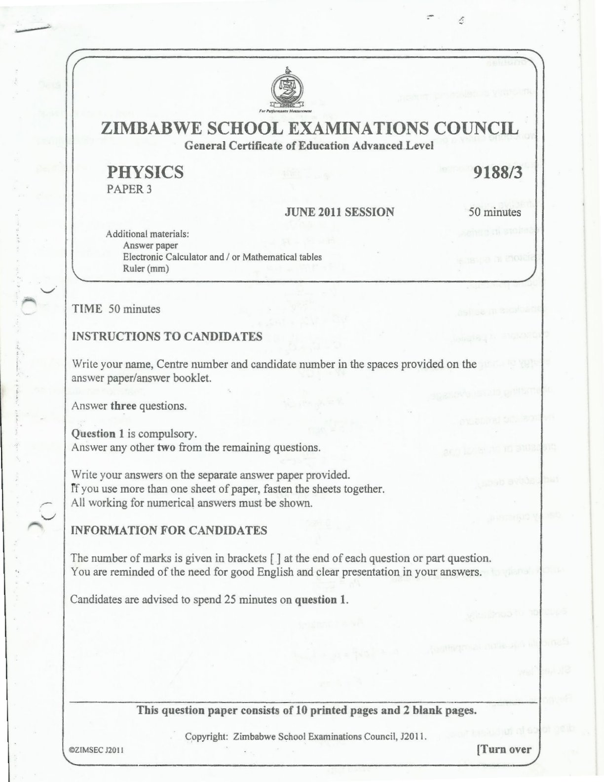 First page of ZIMSEC A-Level Physics Paper 3 June 2011 Question Paper