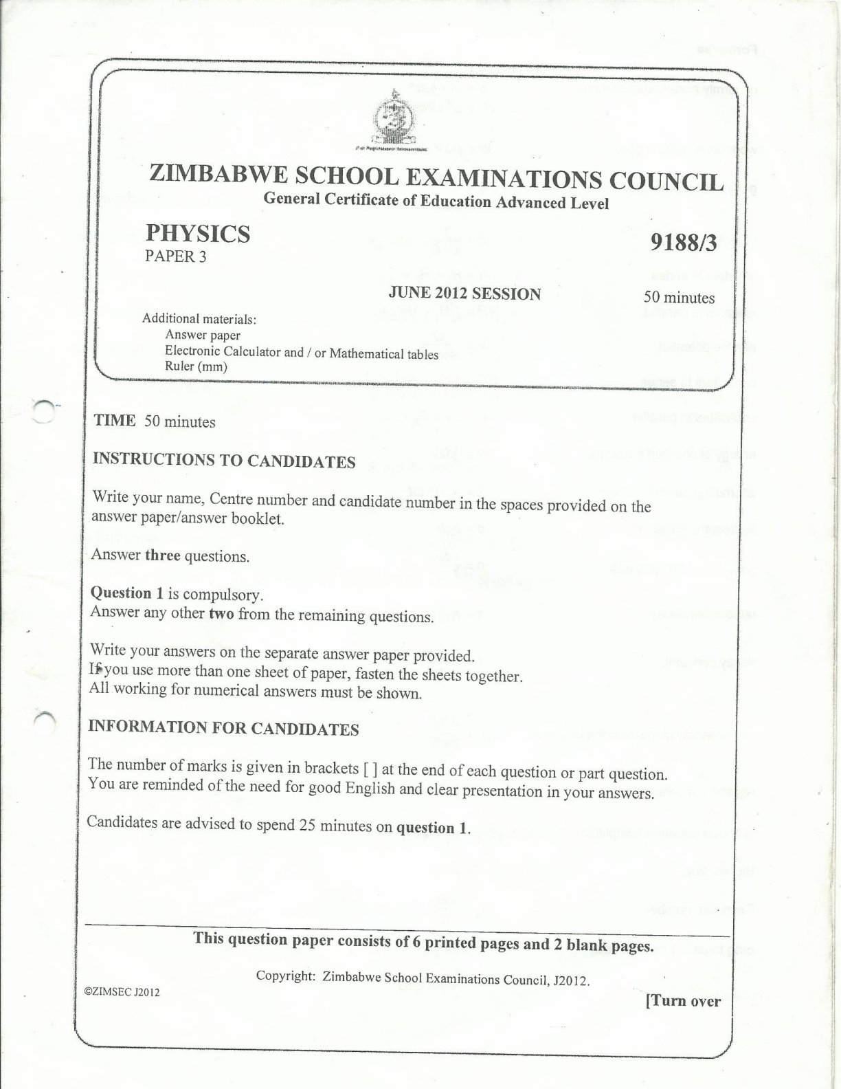 First page of ZIMSEC A-Level Physics Paper 3 June 2012 Question Paper