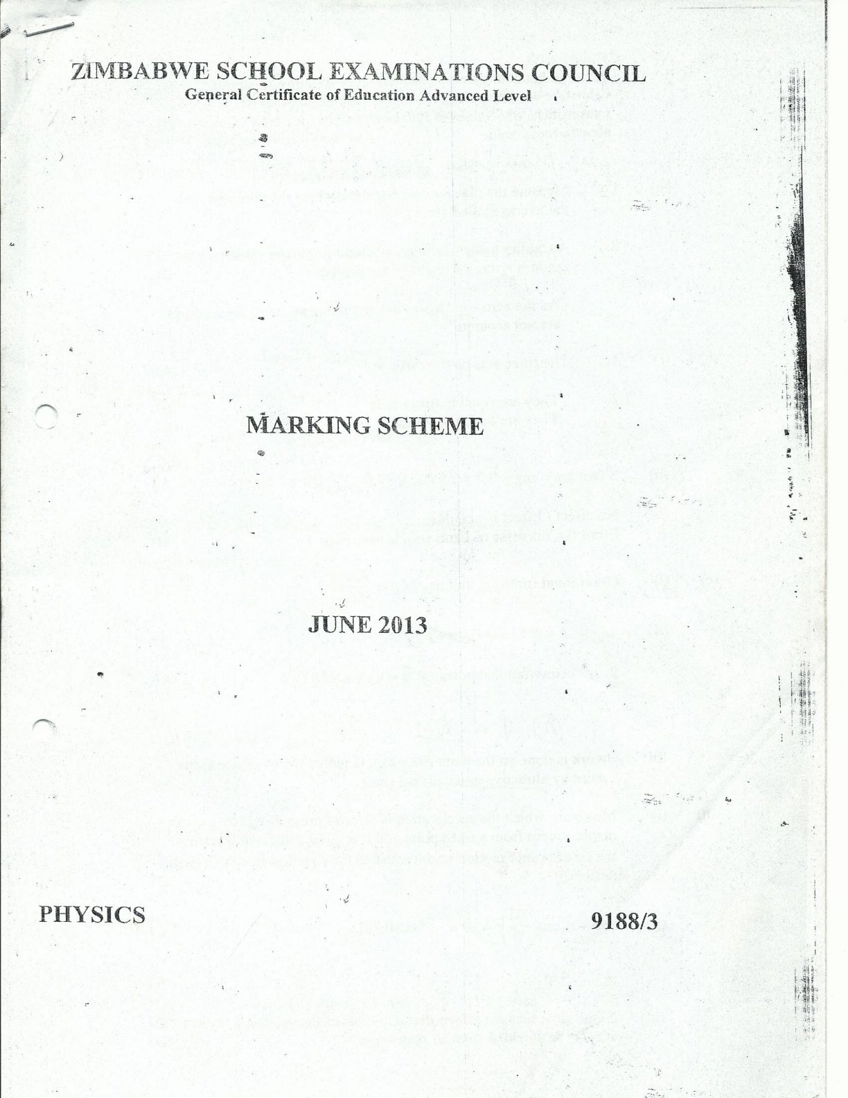 First page of ZIMSEC A-Level Physics Paper 3 June 2013 Marking Scheme