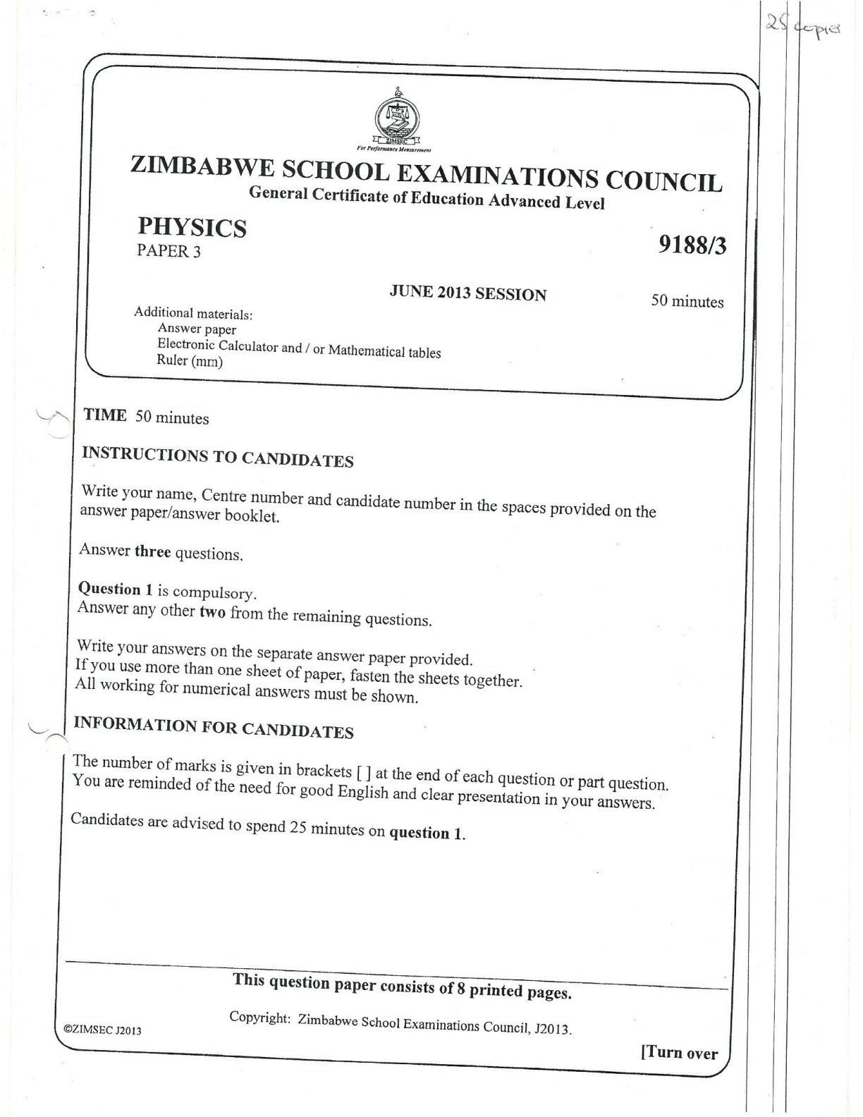 First page of ZIMSEC A-Level Physics Paper 3 June 2013 Question Paper