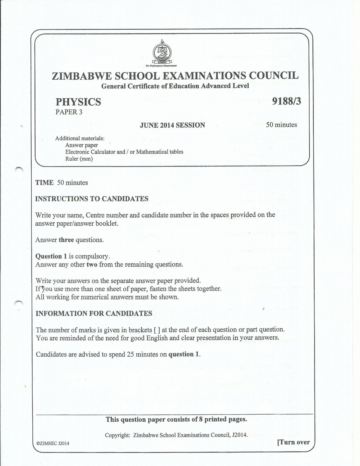 First page of ZIMSEC A-Level Physics Paper 3 June 2014 Question Paper