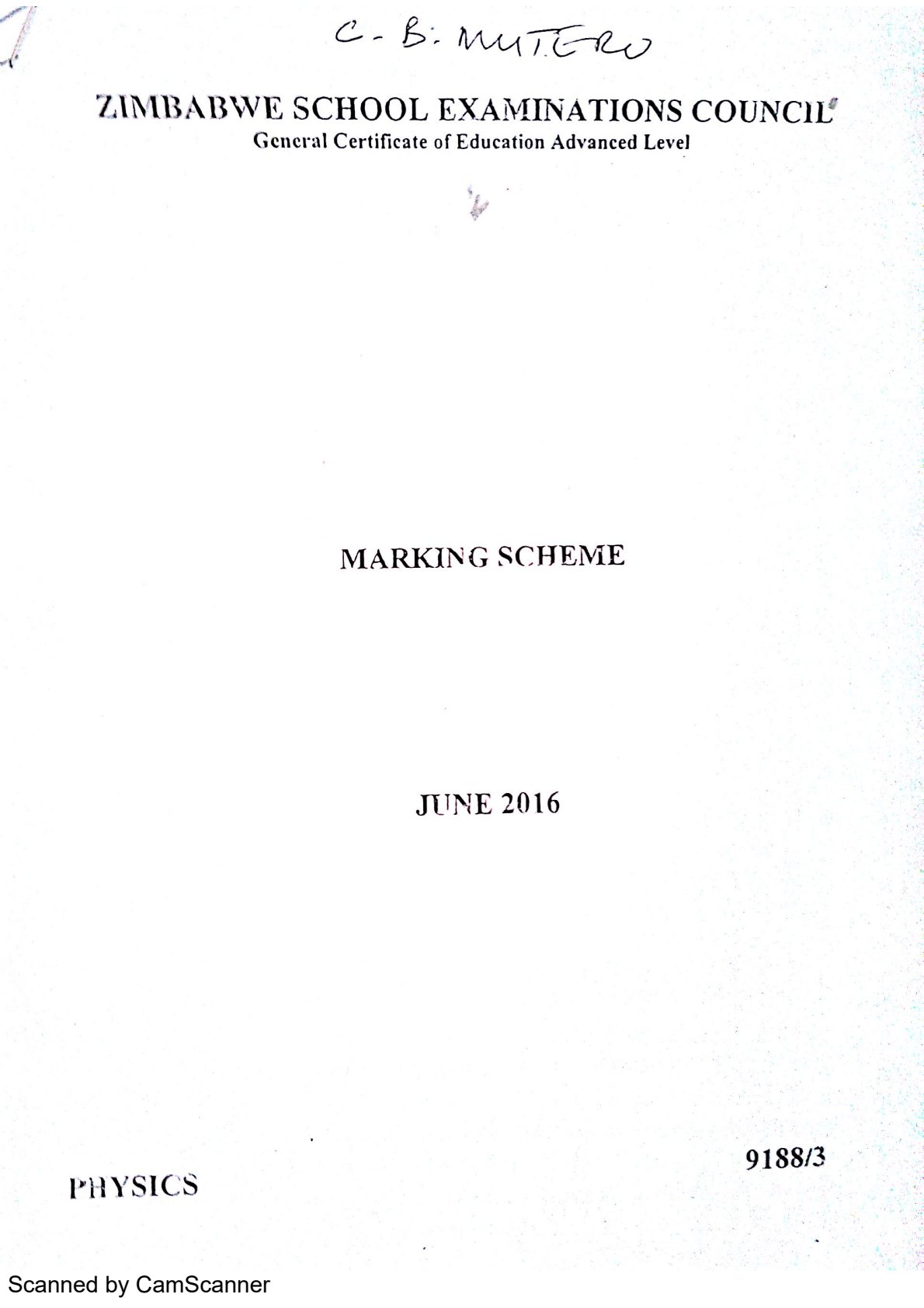 First page of ZIMSEC A-Level Physics Paper 3 June 2016 Marking Scheme