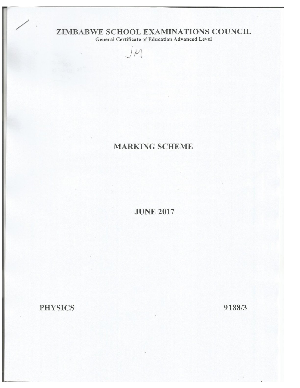 First page of ZIMSEC A-Level Physics Paper 3 June 2017 Marking Scheme