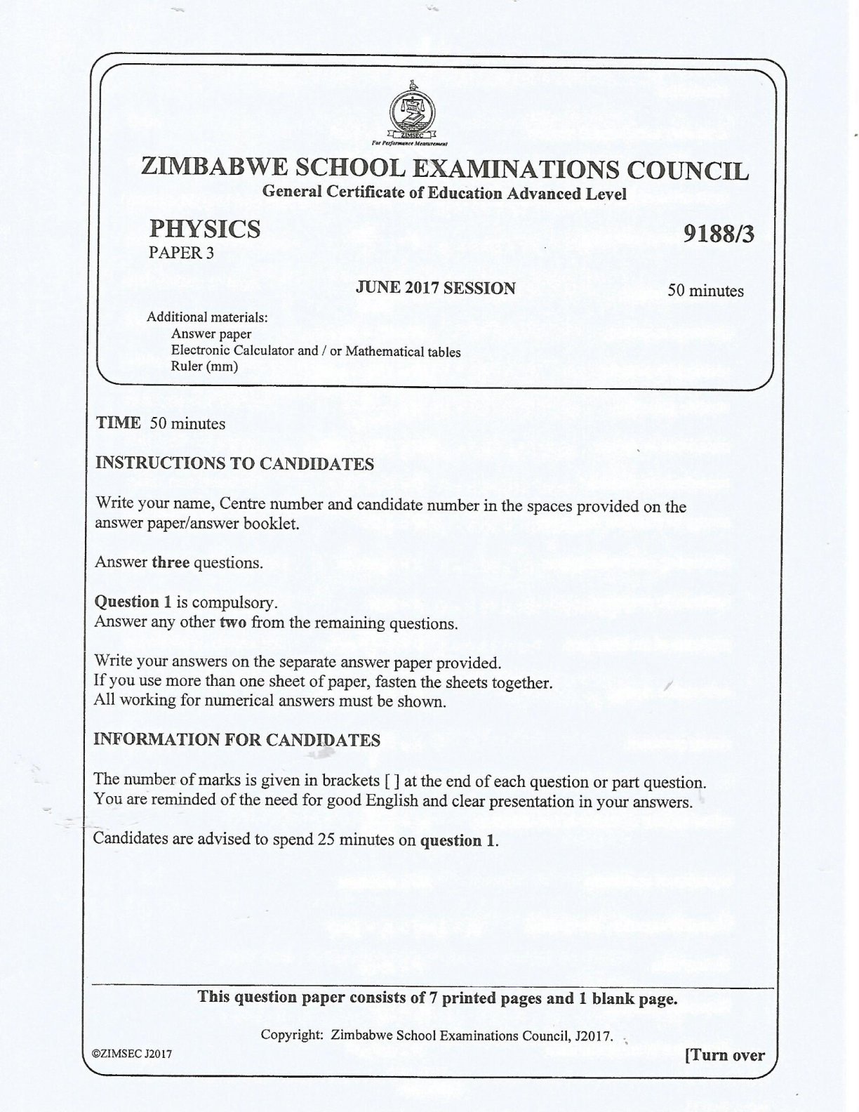First page of ZIMSEC A-Level Physics Paper 3 June 2017 Question Paper