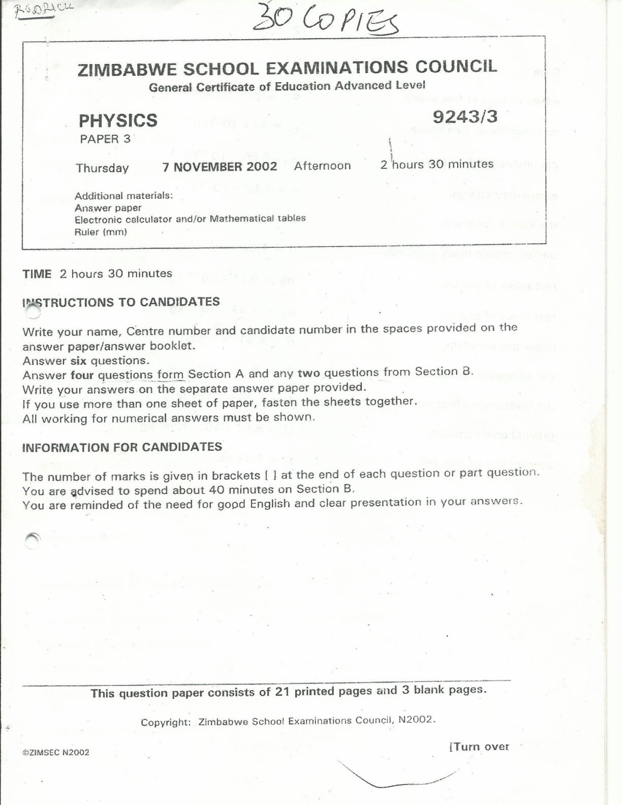 First page of ZIMSEC A-Level Physics Paper 3 November 2002 Question Paper