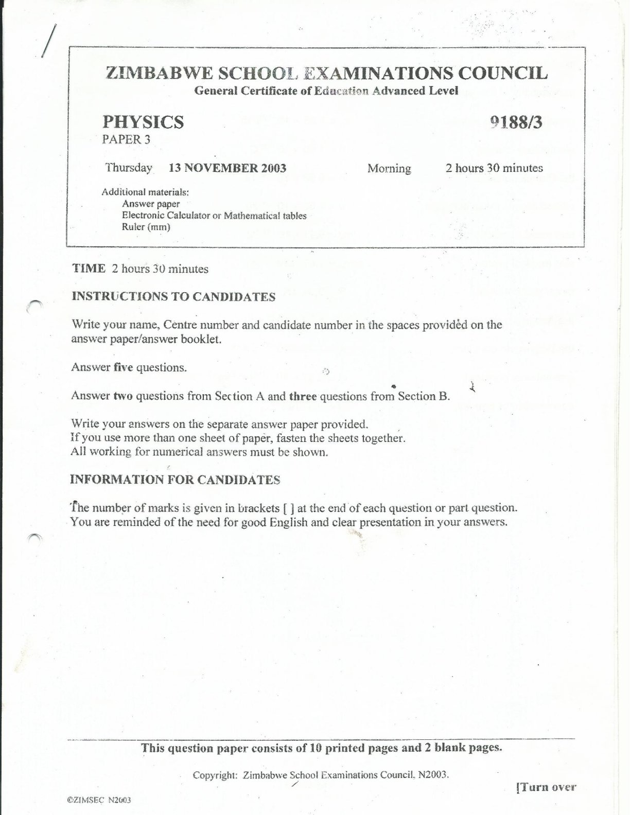 First page of ZIMSEC A-Level Physics Paper 3 November 2003 Question Paper