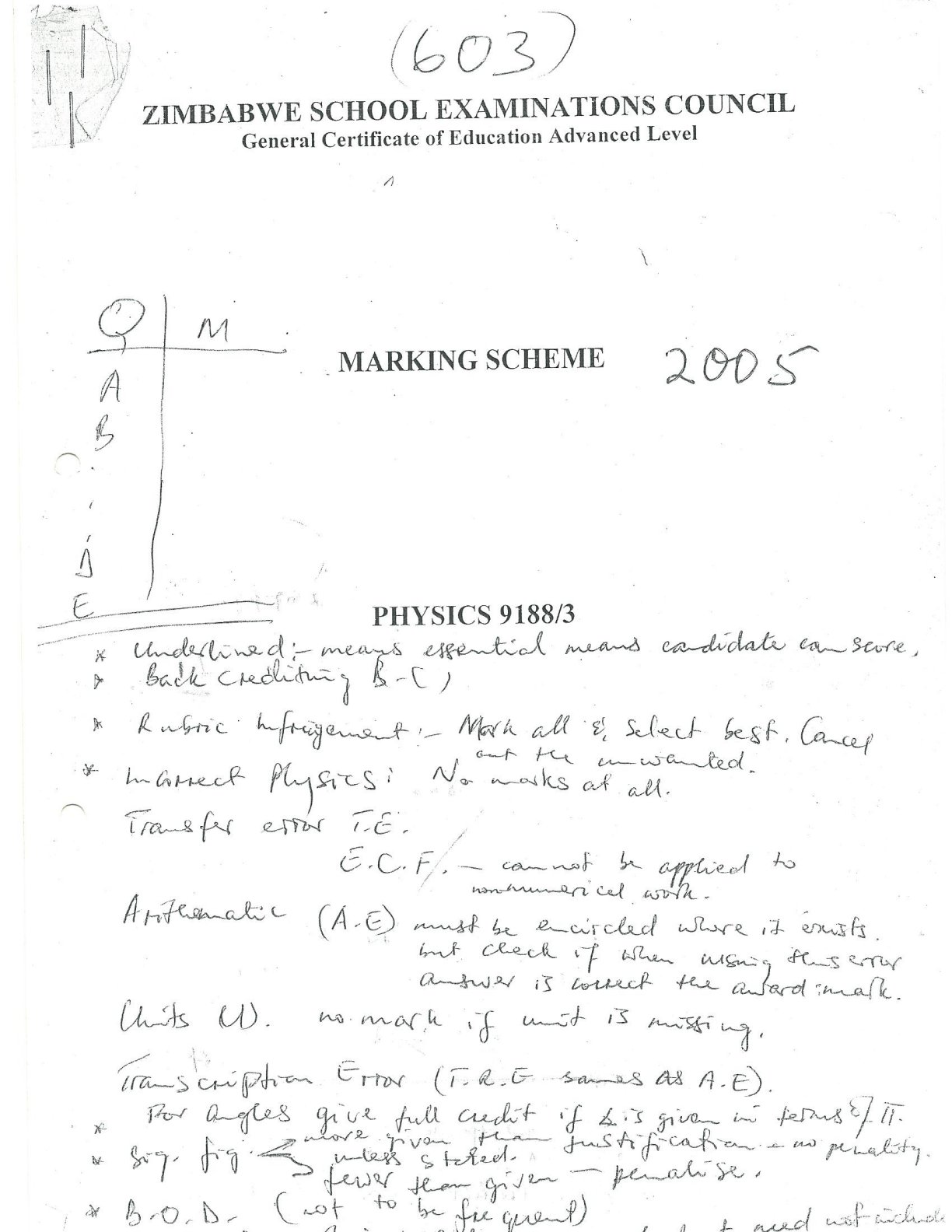 First page of ZIMSEC A-Level Physics Paper 3 November 2005 Marking Scheme