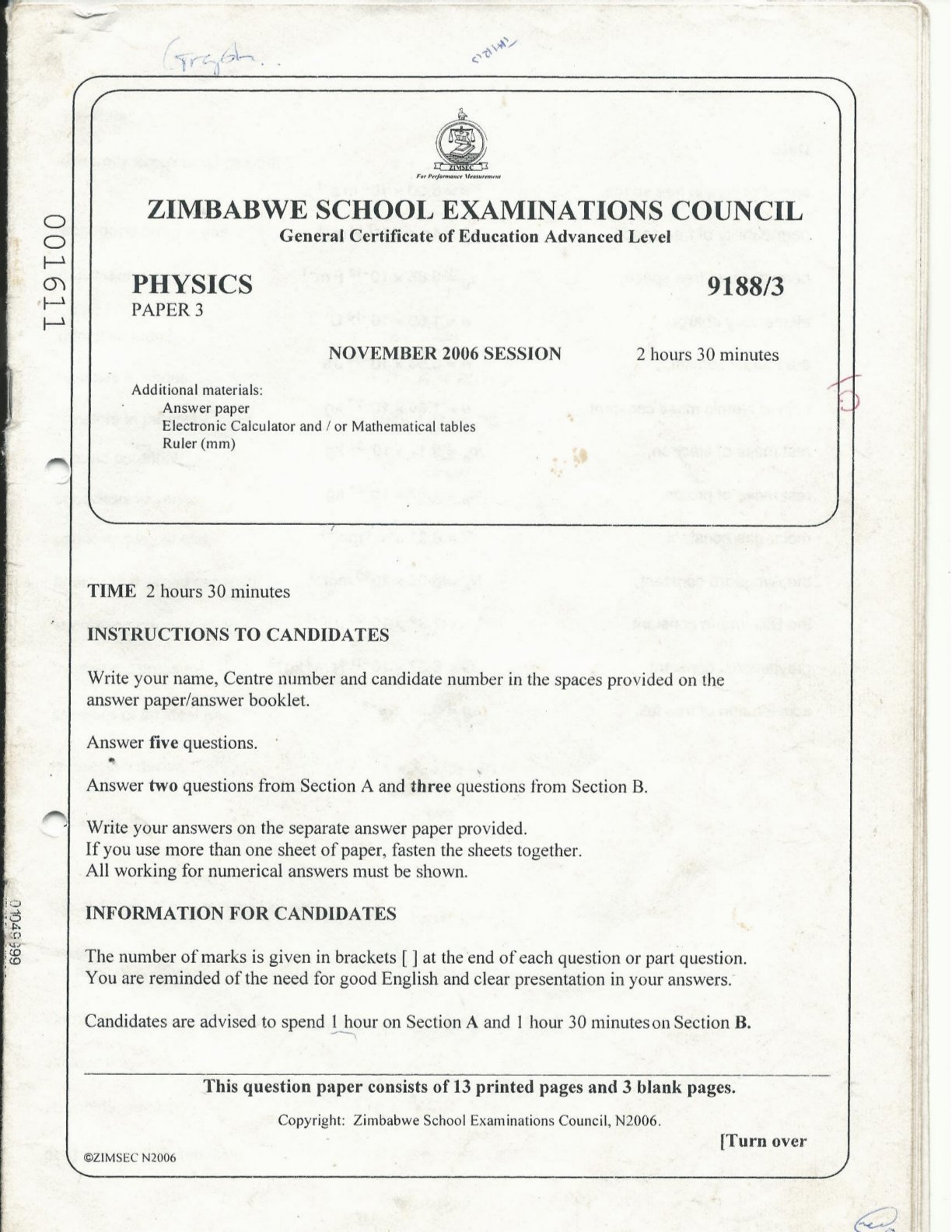 First page of ZIMSEC A-Level Physics Paper 3 November 2006 Question Paper