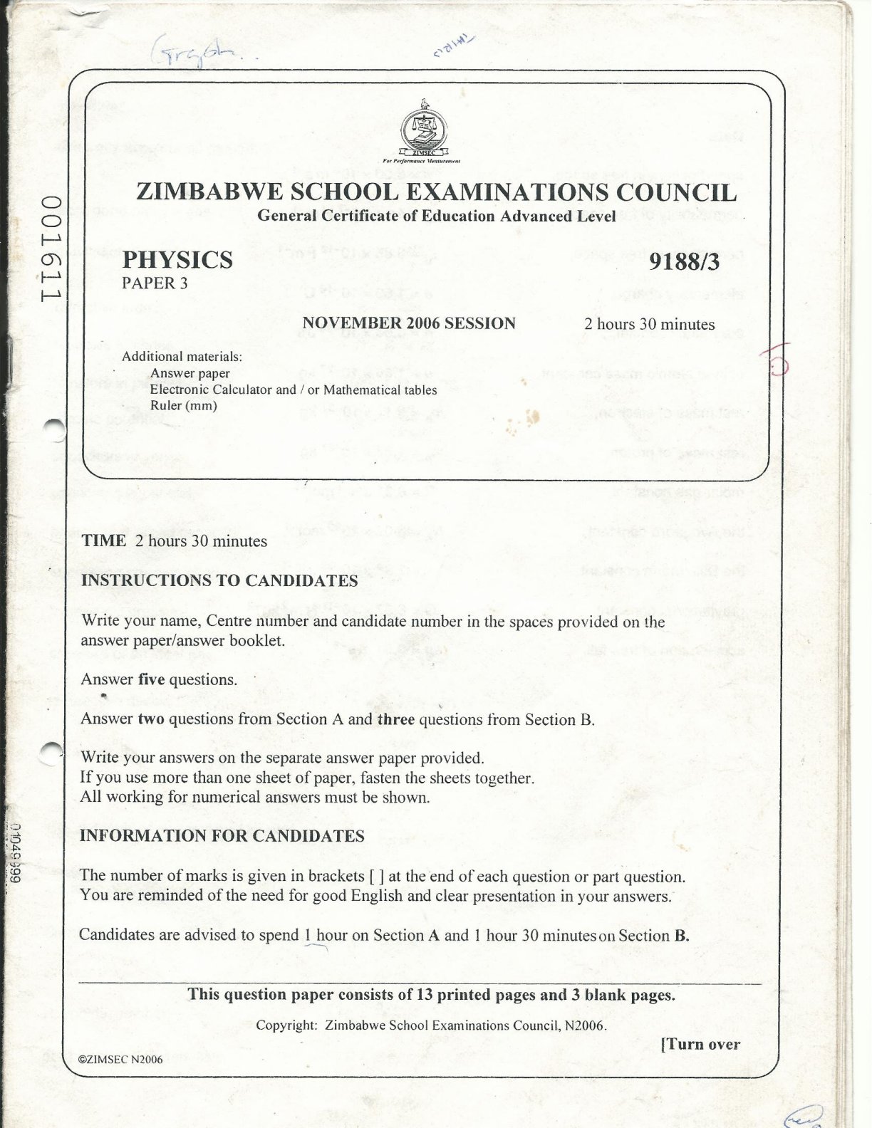 First page of ZIMSEC A-Level Physics Paper 3 November 2006 Question Paper