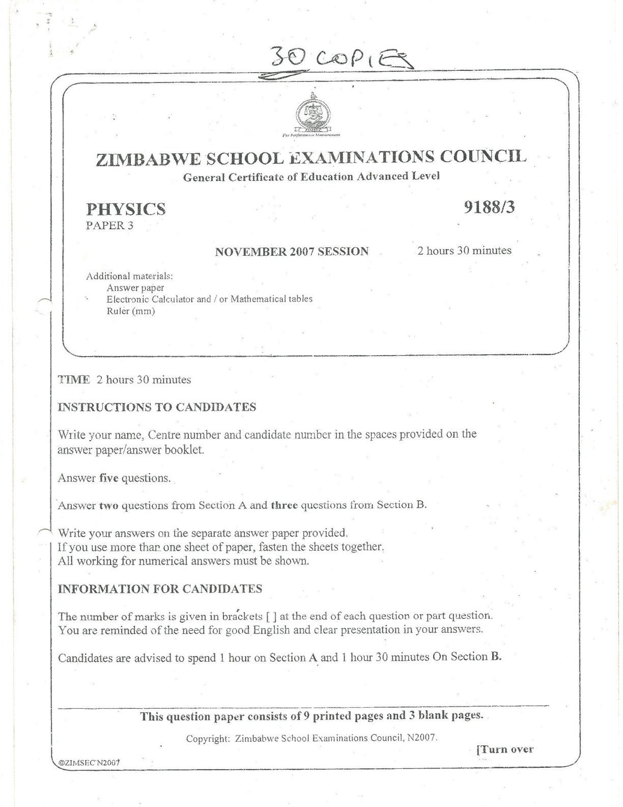 First page of ZIMSEC A-Level Physics Paper 3 November 2007 Question Paper