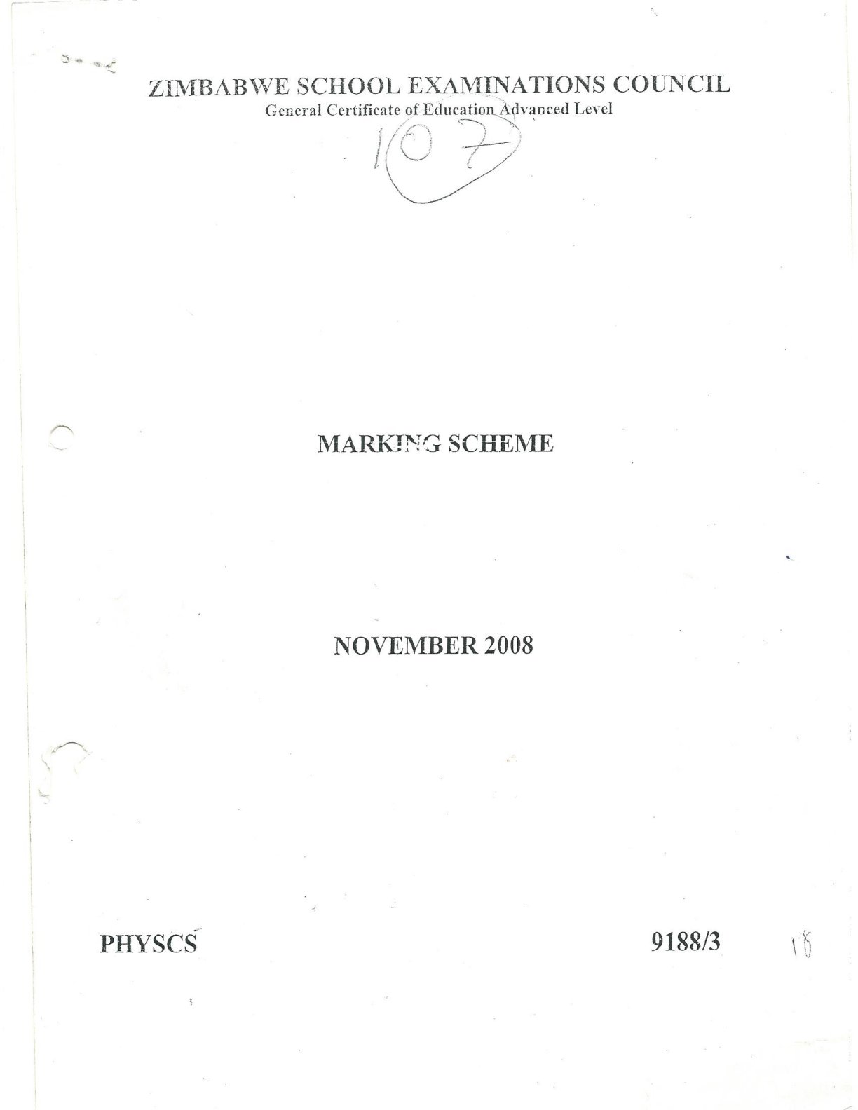 First page of ZIMSEC A-Level Physics Paper 3 November 2008 Marking Scheme