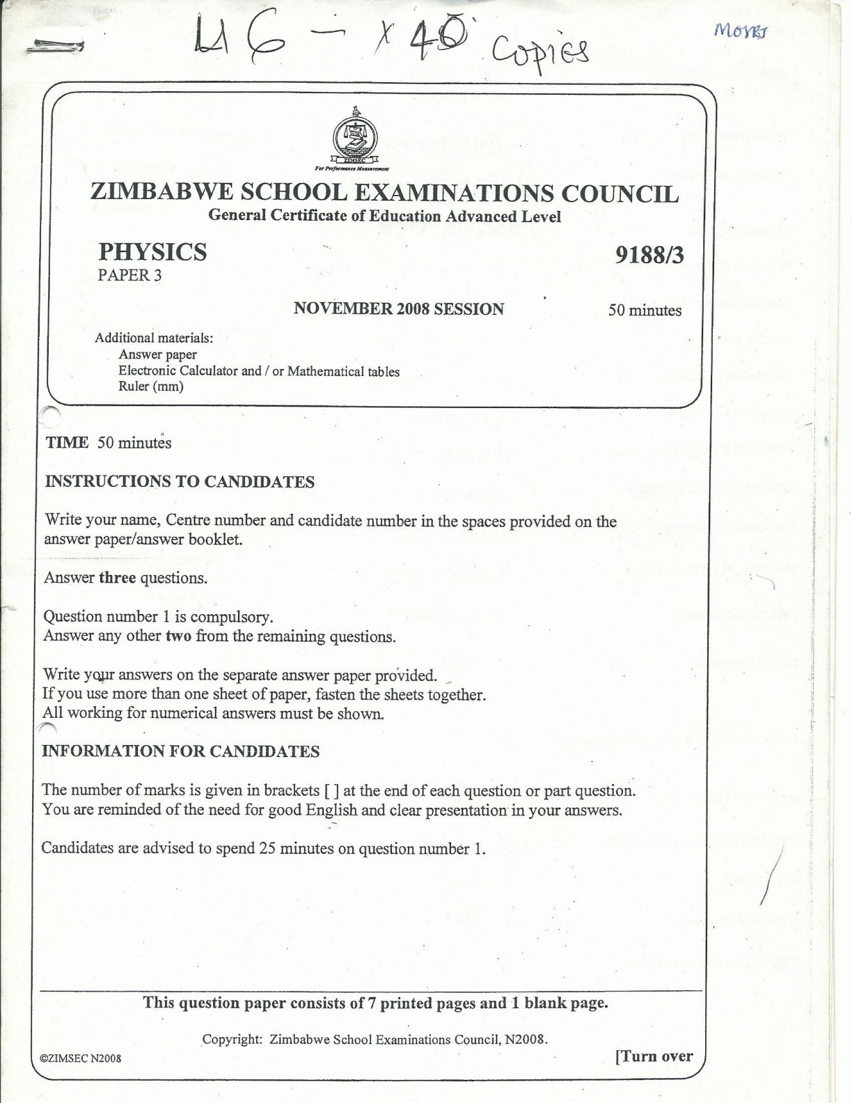 First page of ZIMSEC A-Level Physics Paper 3 November 2008 Question Paper