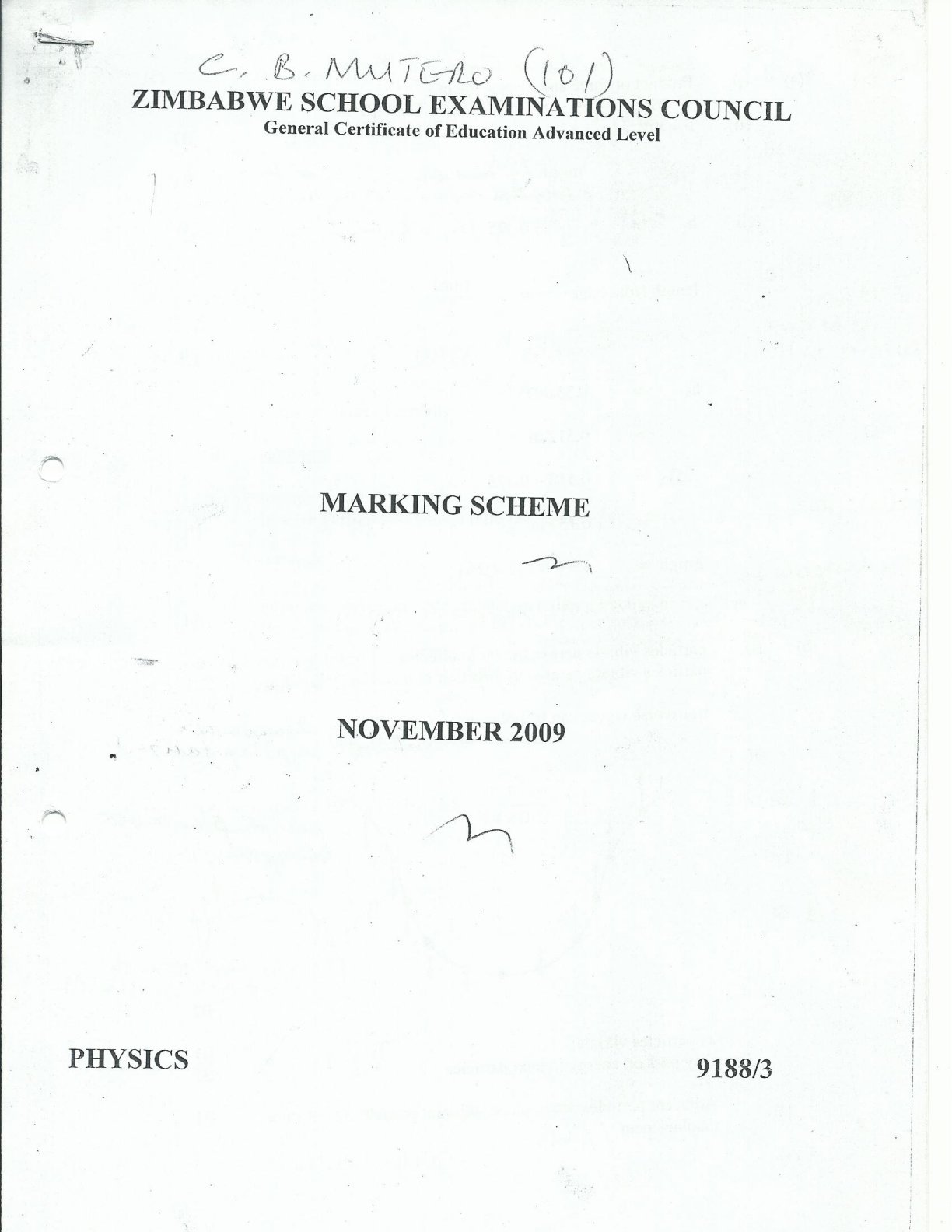 First page of ZIMSEC A-Level Physics Paper 3 November 2009 Marking Scheme