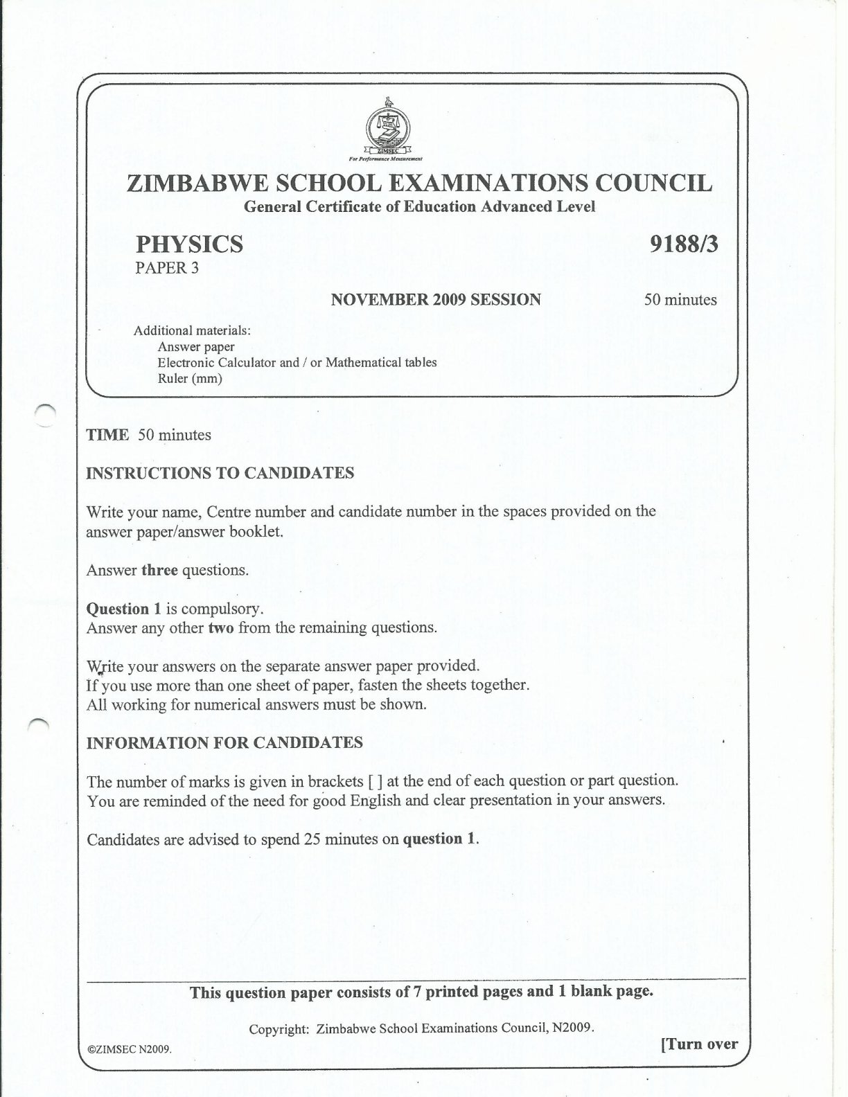 First page of ZIMSEC A-Level Physics Paper 3 November 2009 Question Paper