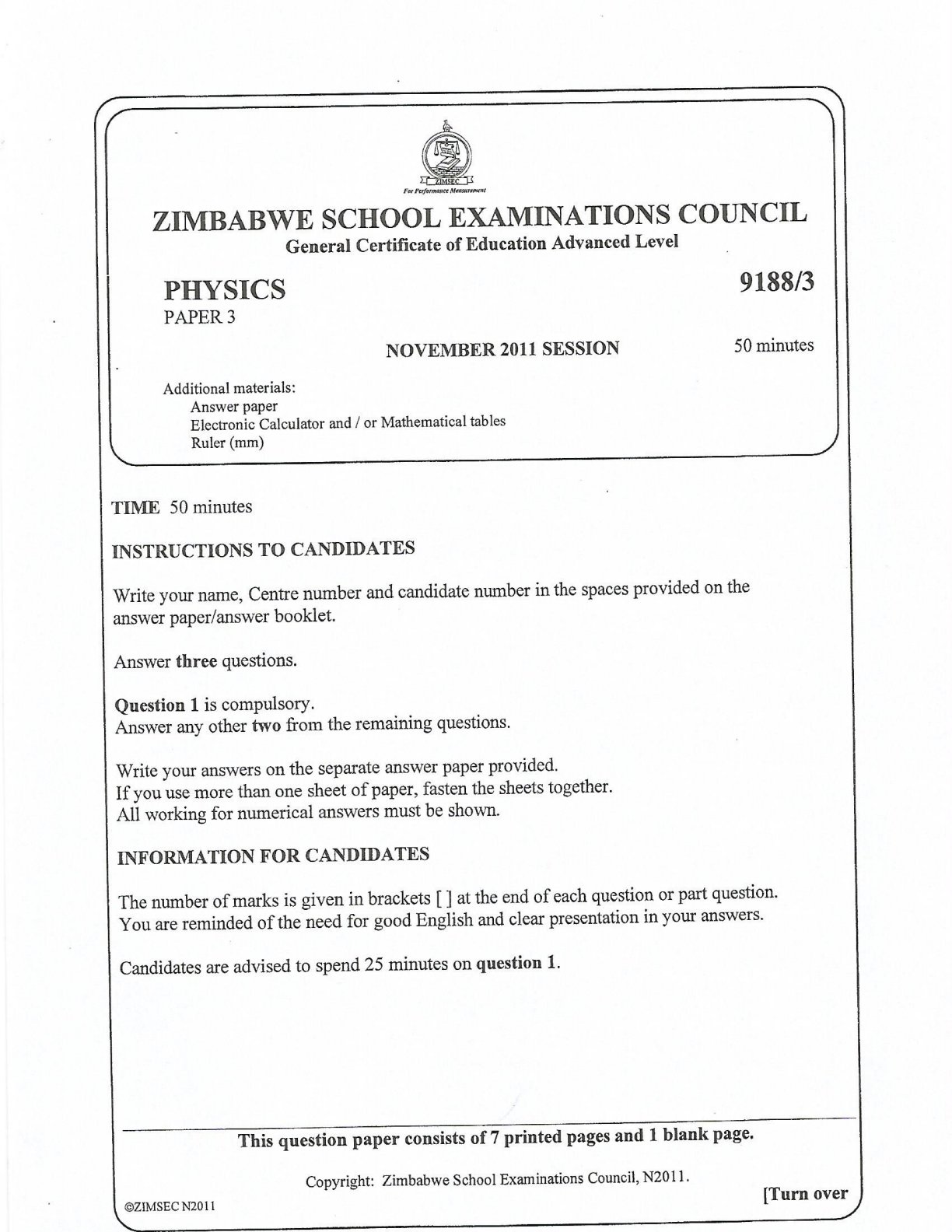 First page of ZIMSEC A-Level Physics Paper 3 November 2011 Question Paper