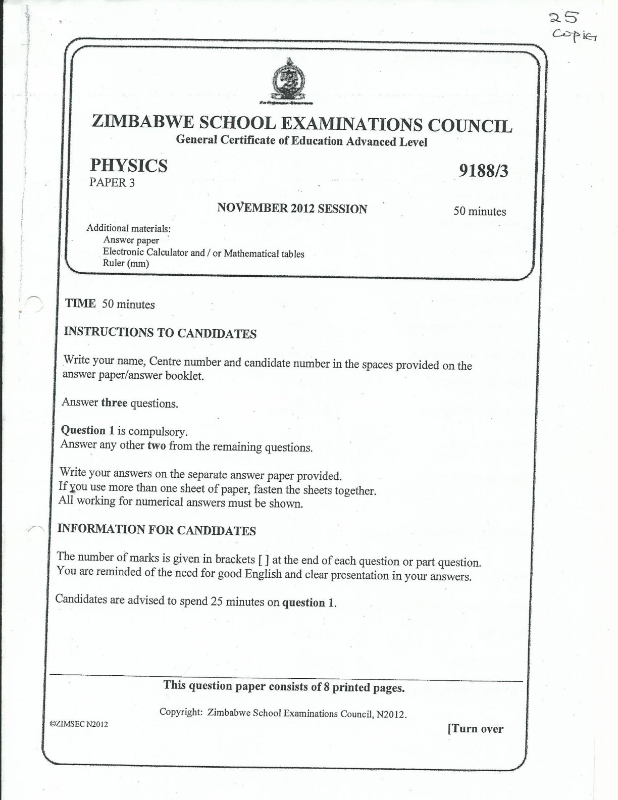 First page of ZIMSEC A-Level Physics Paper 3 November 2012 Question Paper