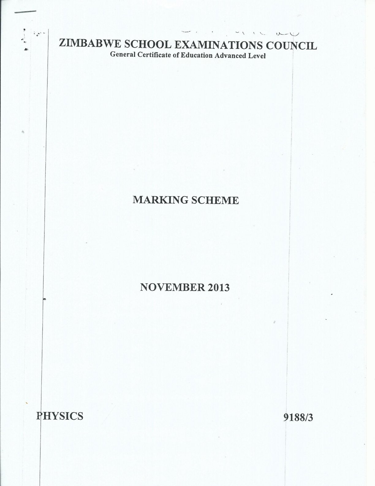 First page of ZIMSEC A-Level Physics Paper 3 November 2013 Marking Scheme