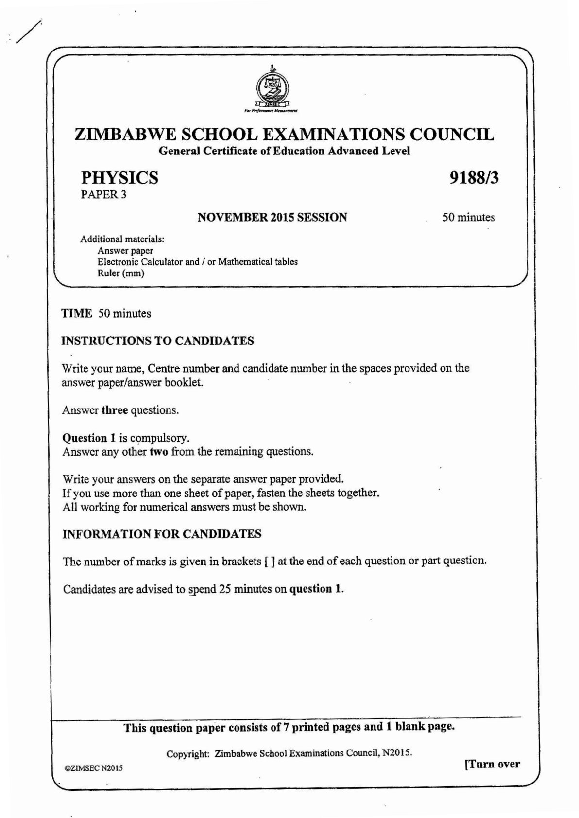 First page of ZIMSEC A-Level Physics Paper 3 November 2015 Question Paper
